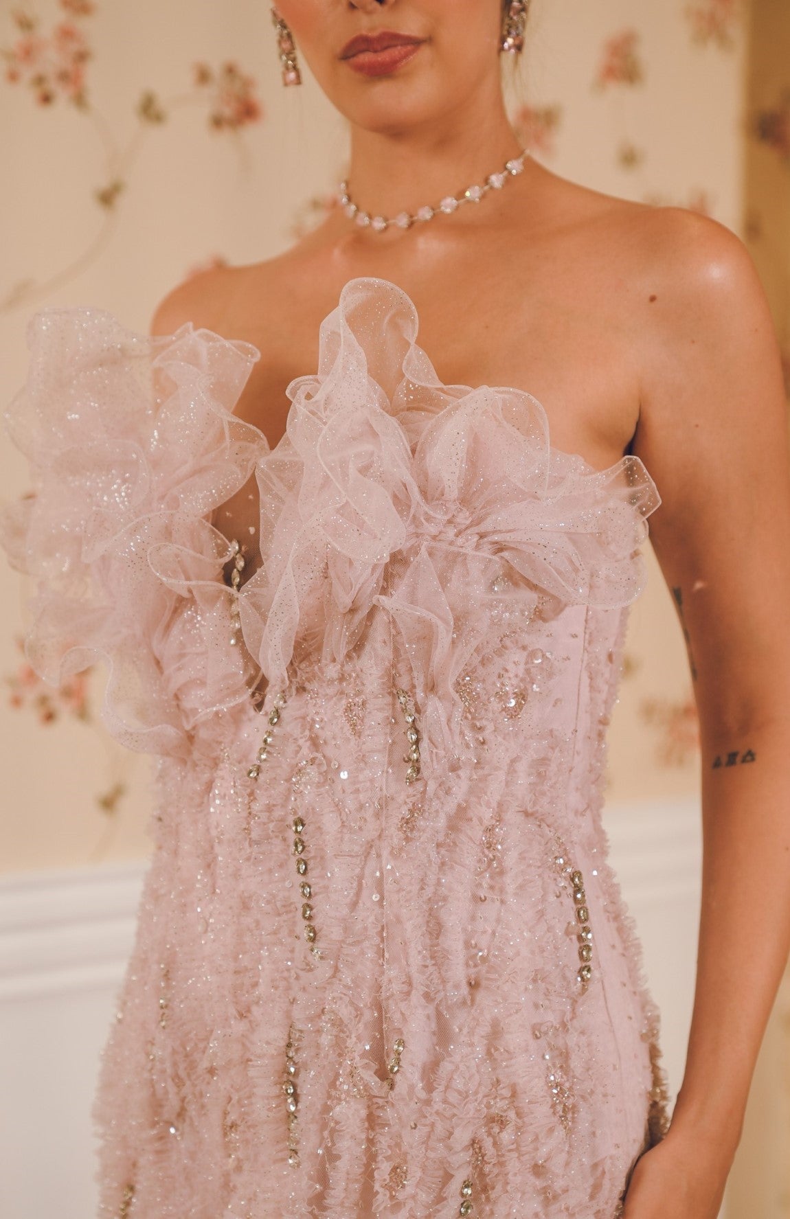 Lavender Lilac Draped embroidered evening gown