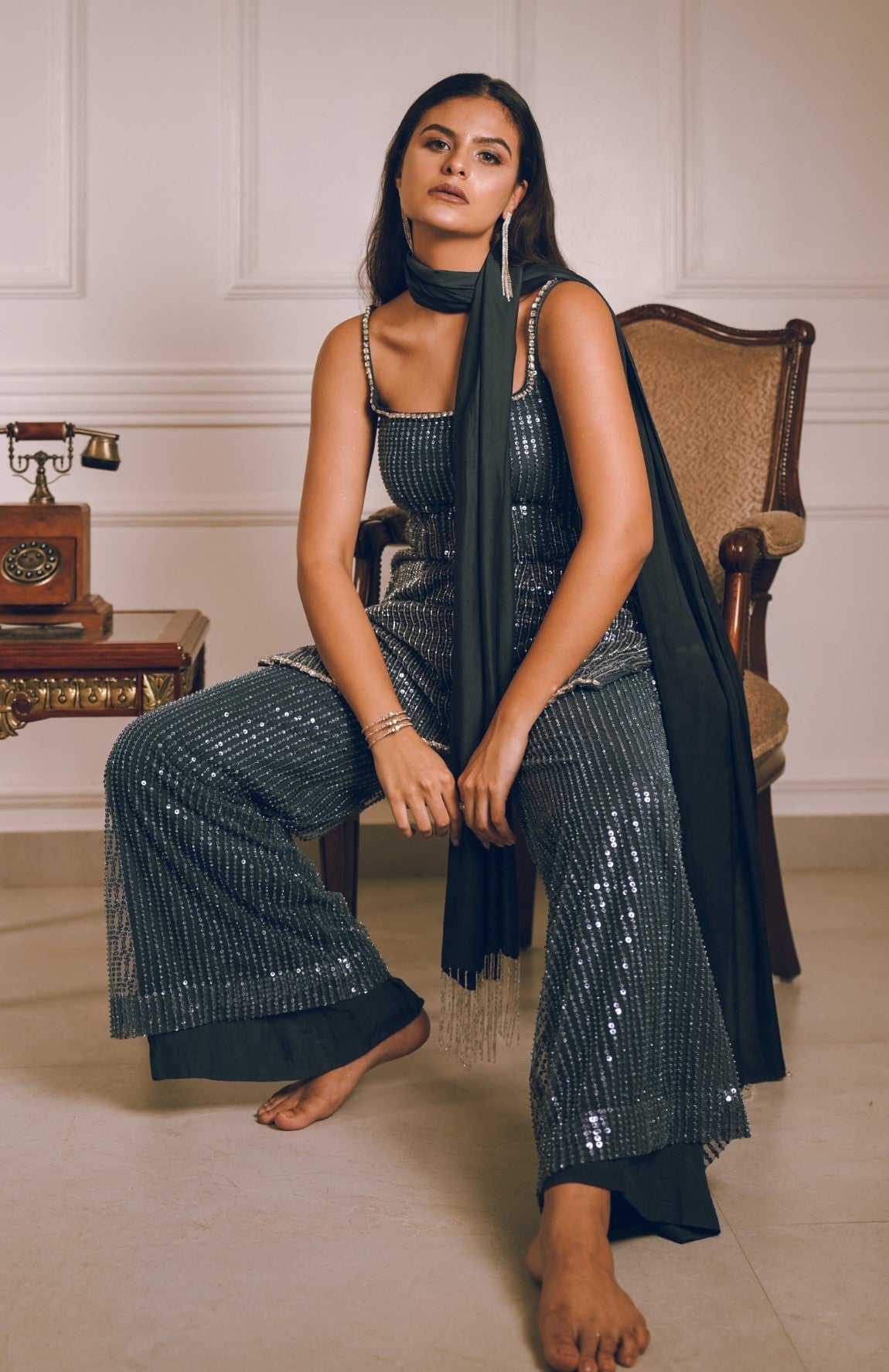 Dark grey blue embroidered kurta pants set