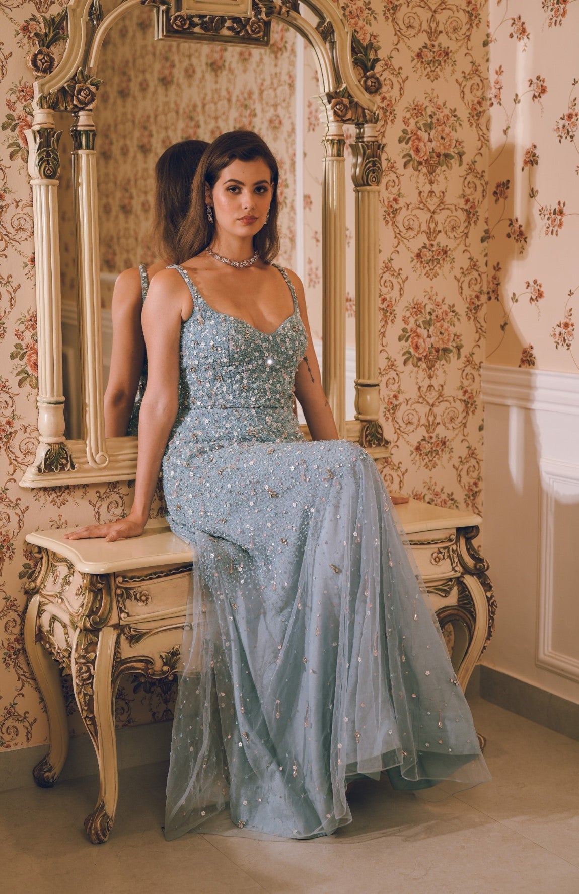 Light blue embroidered short dress gown combo