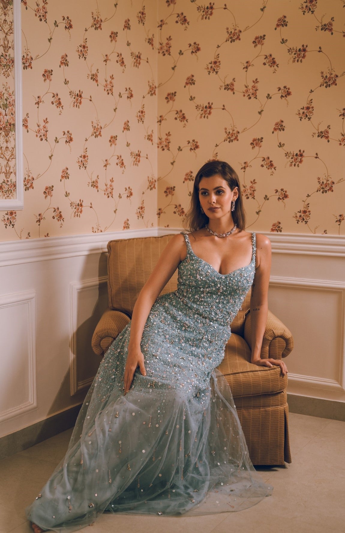 Light blue embroidered short dress gown combo