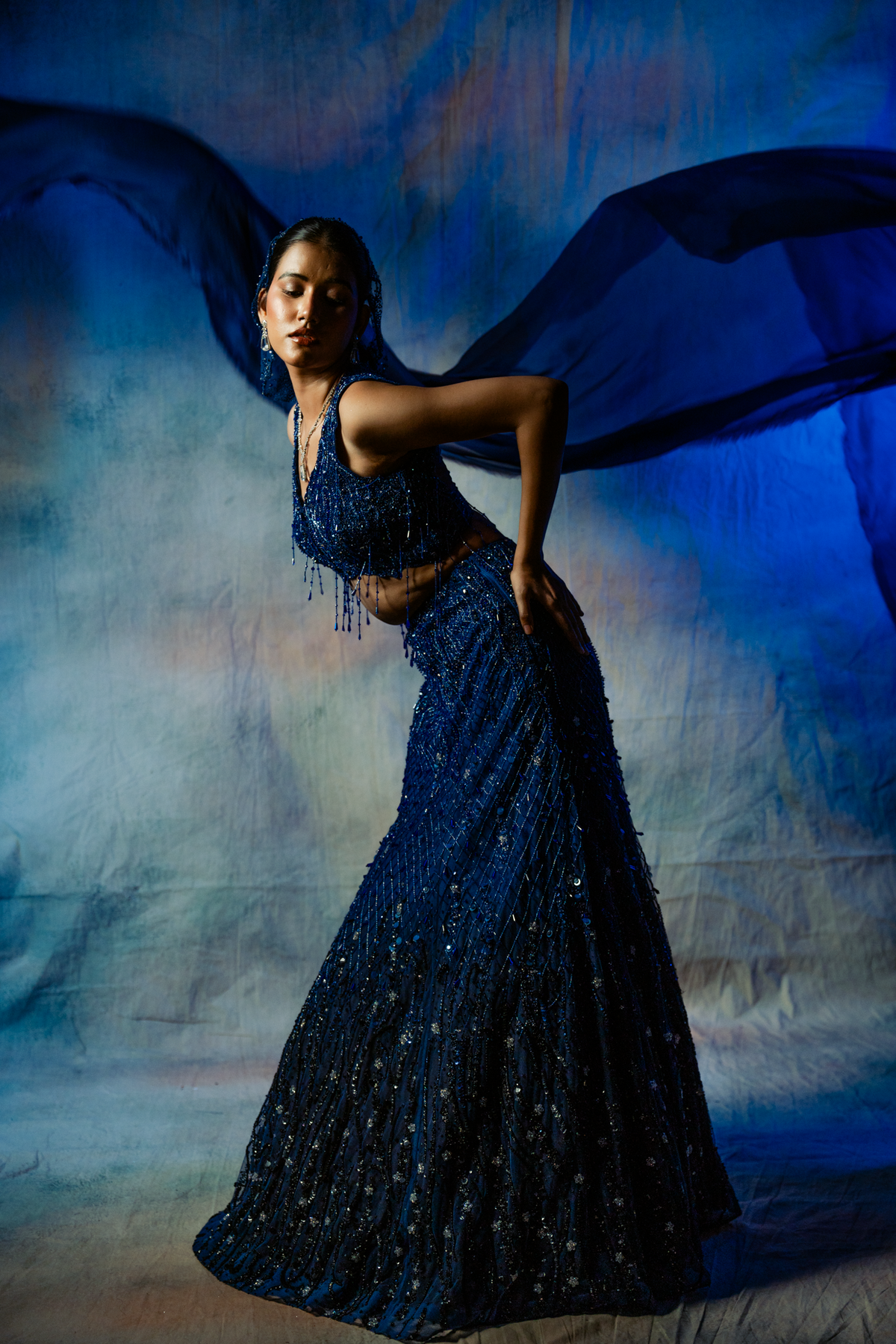 Pratibimb Blue Black Ombre Embroidered Fishcut Lehenga set