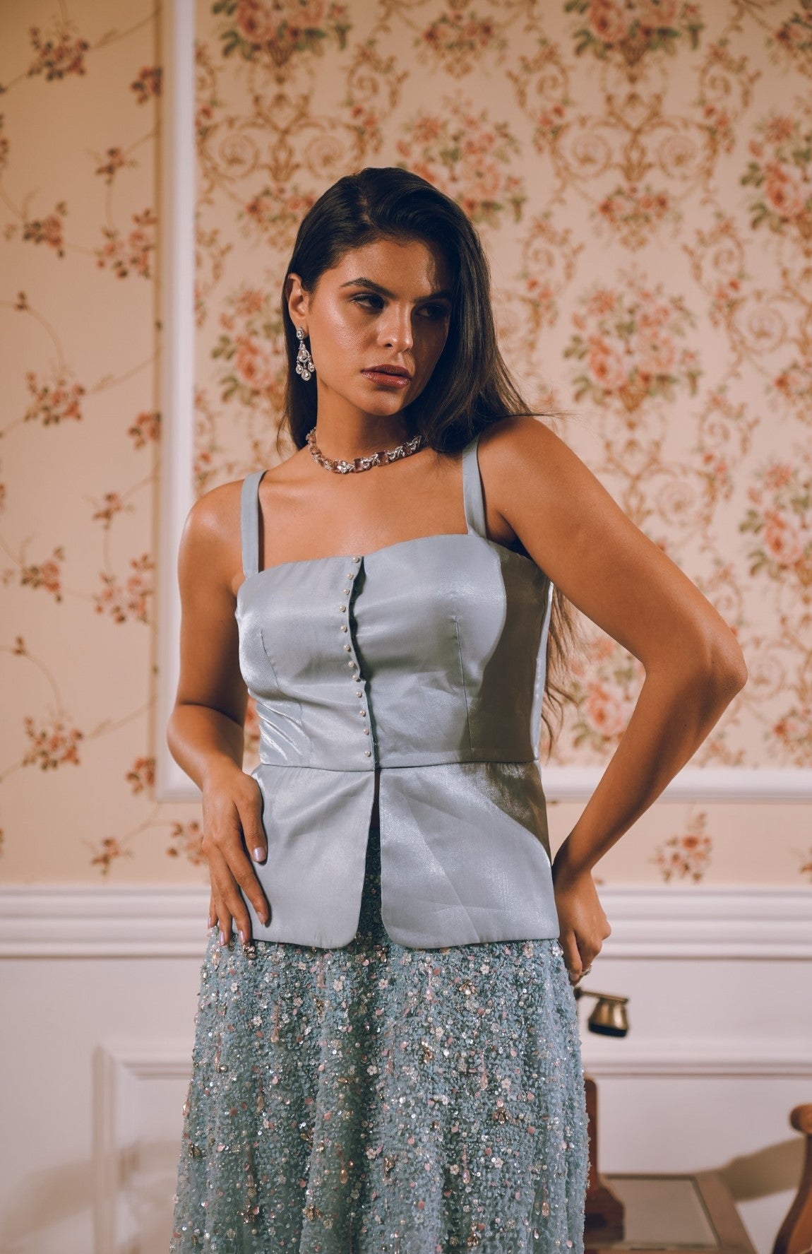 Light blue embroidered skirt satin top combo
