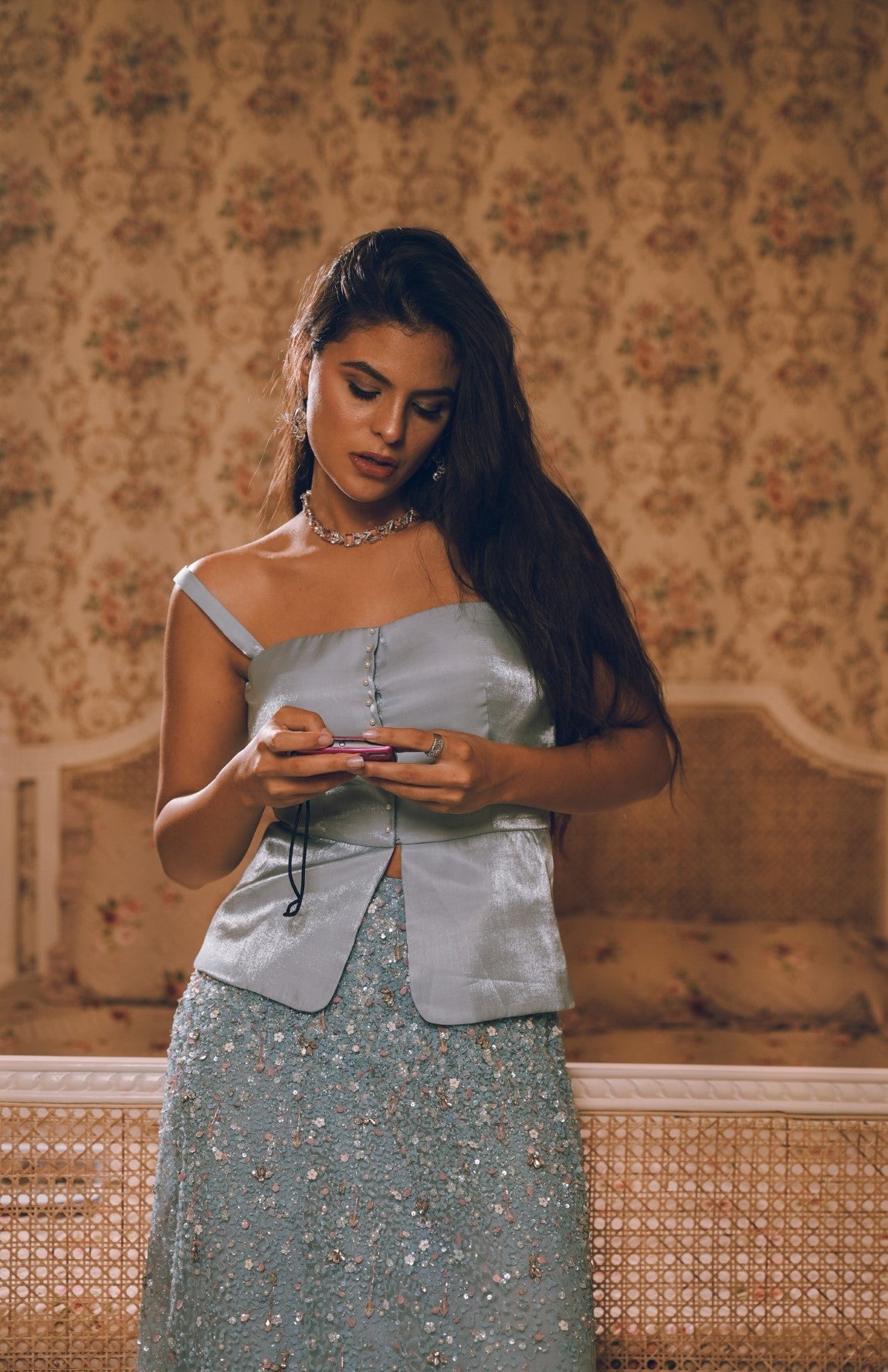 Light blue embroidered skirt satin top combo