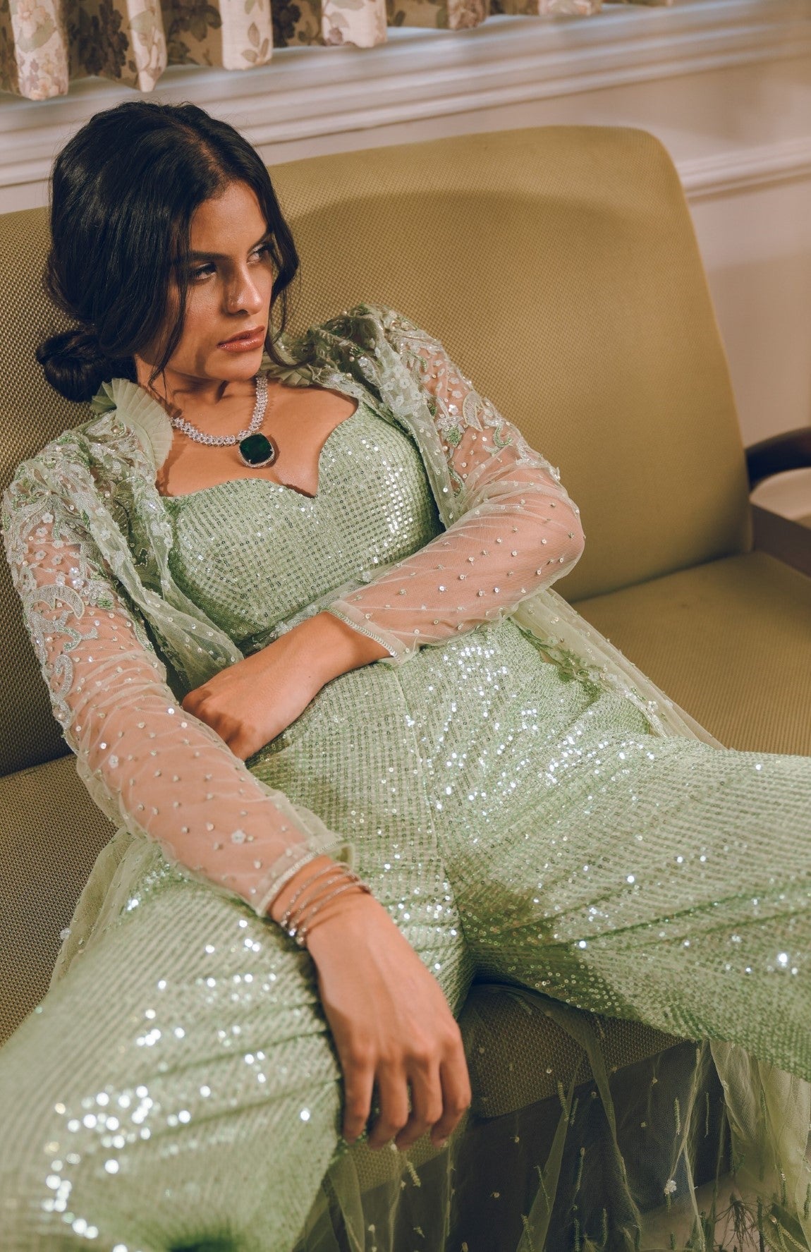 Pista Green sequins feather embroidered shrug set
