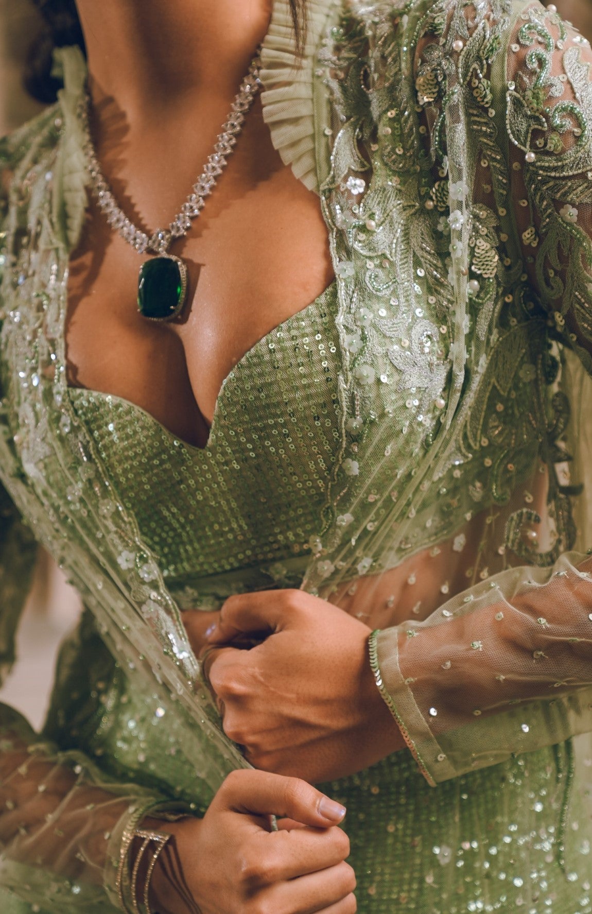 Pista Green sequins feather embroidered shrug set