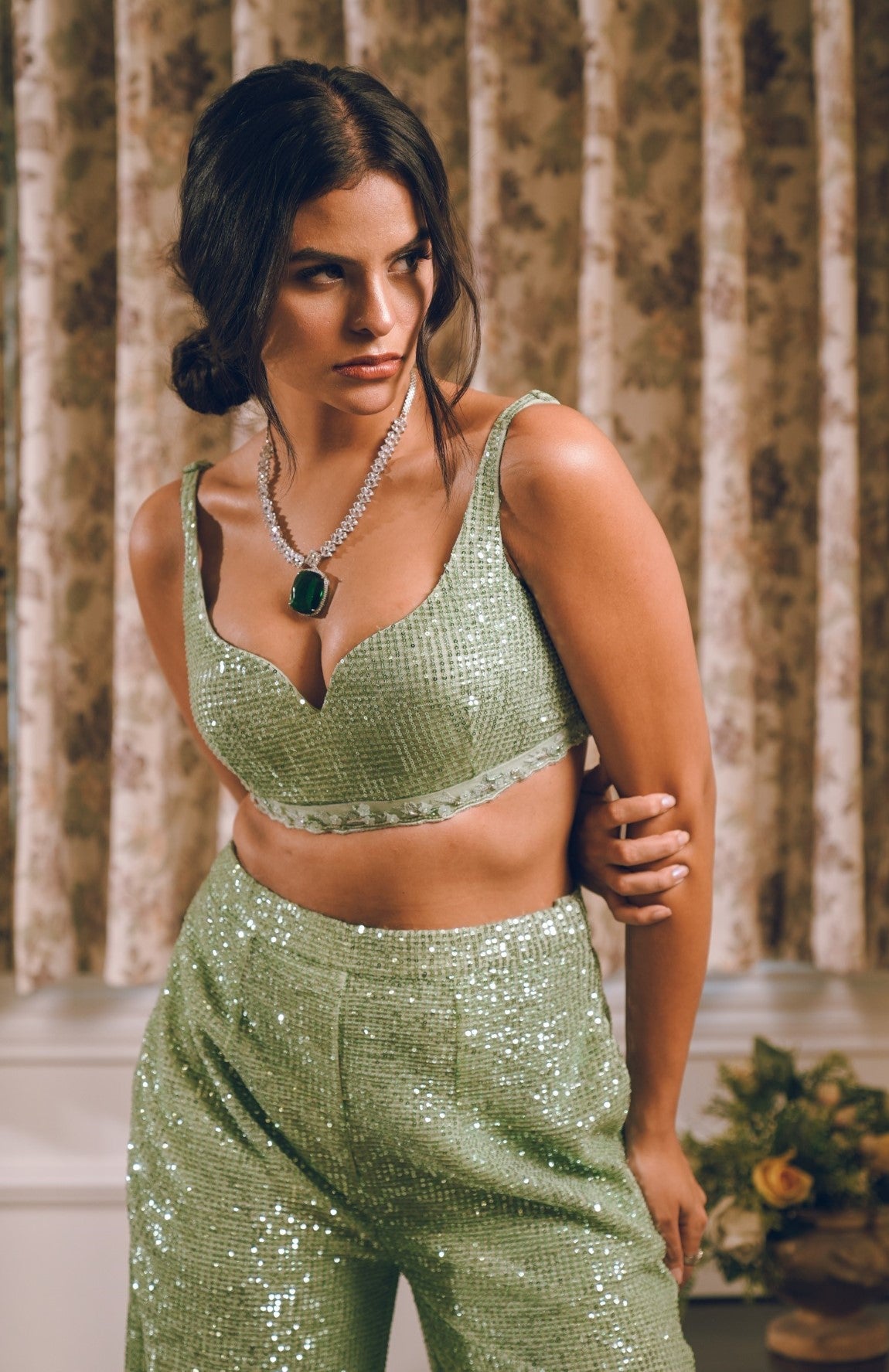 Pista Green sequins feather embroidered shrug set