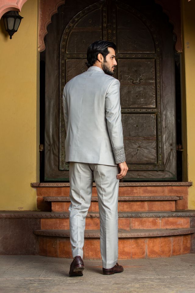 Silver Grey Jodhpuri Suit Zardozi Embroidered