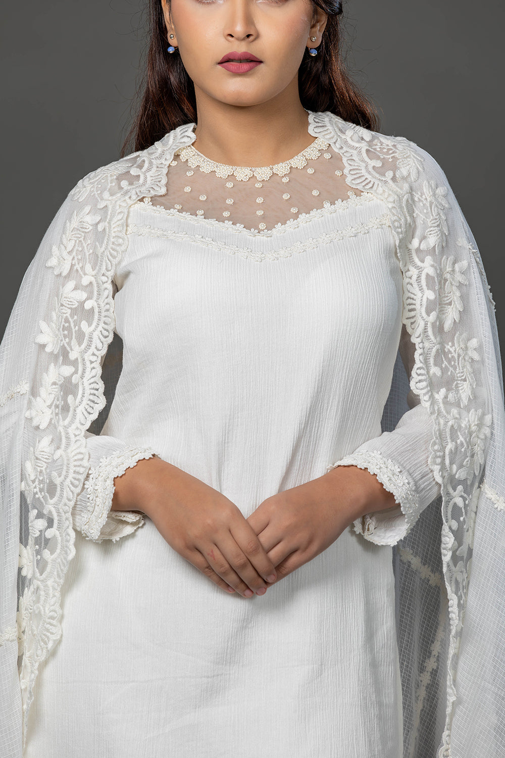 White hand embroidered and lace embellished cotton kurta set