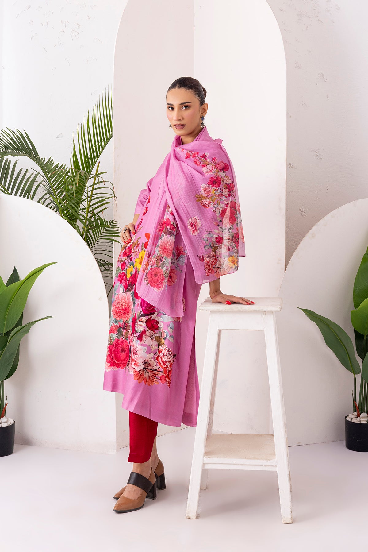 Salmon Pink Thin Chanderi Printed Stole (1 PC)