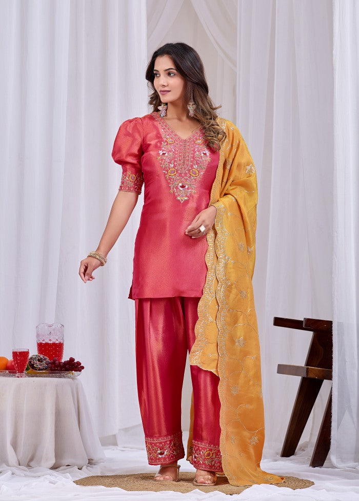 Pink & Tangerine Embroidered Festive Kurta Set