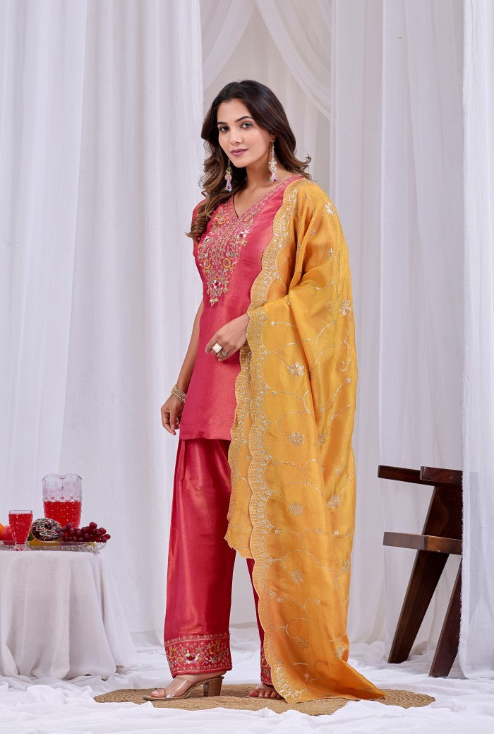 Pink & Tangerine Embroidered Festive Kurta Set