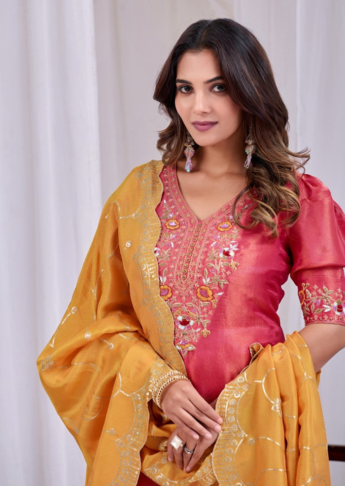 Pink & Tangerine Embroidered Festive Kurta Set