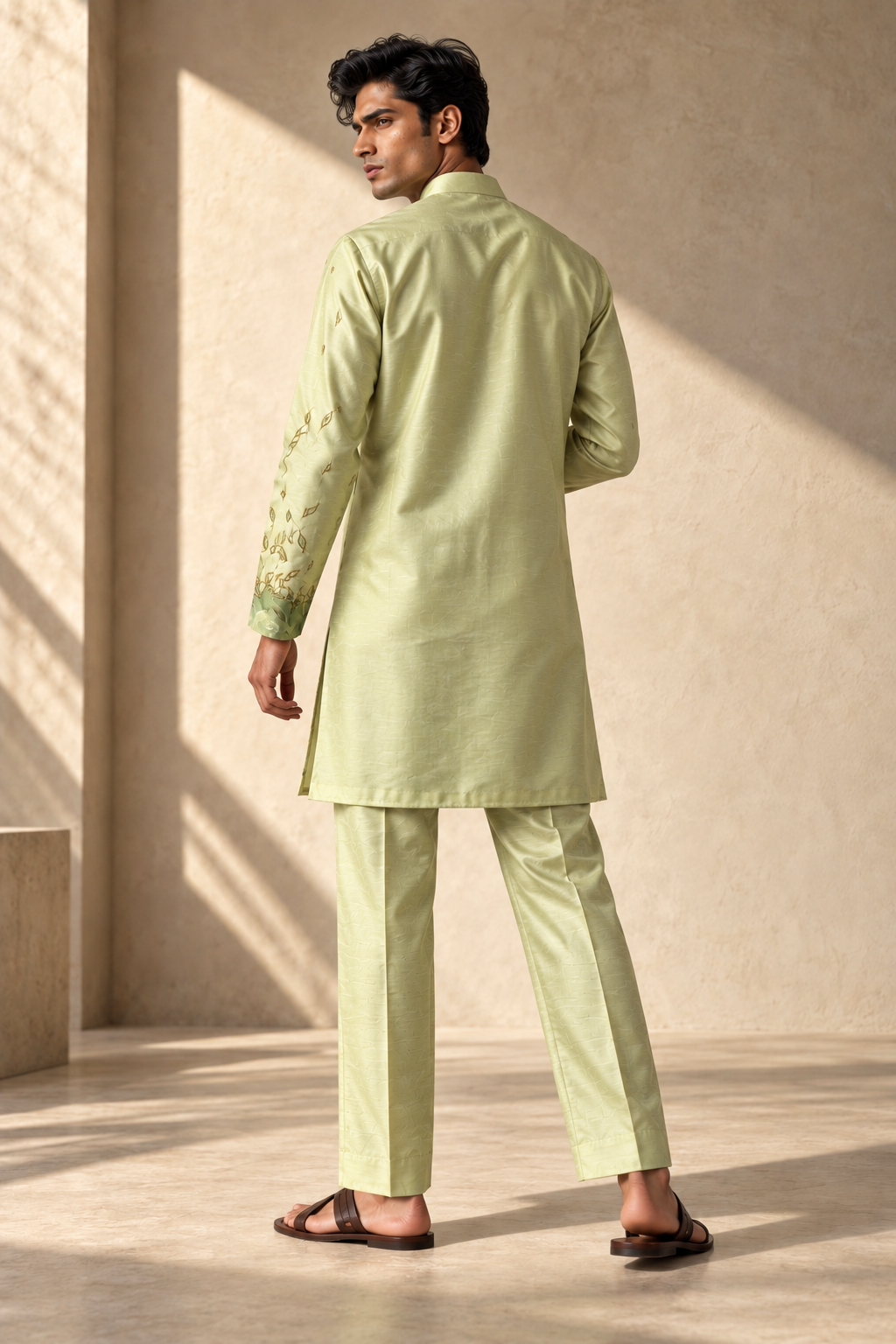 Pistachio Leaf & Marble Silk Kurta Set