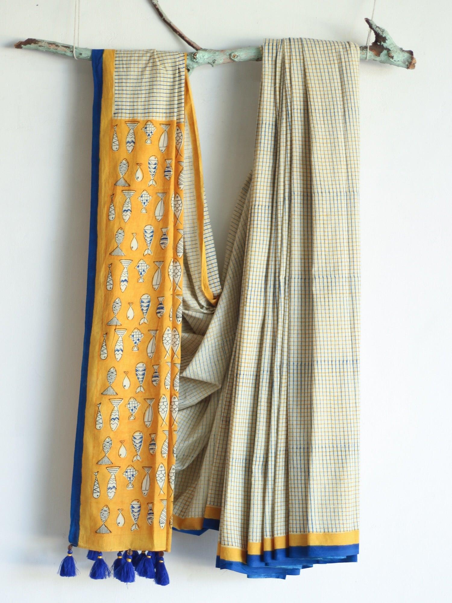 SAREE - Chex with Fish print - CHHAPA