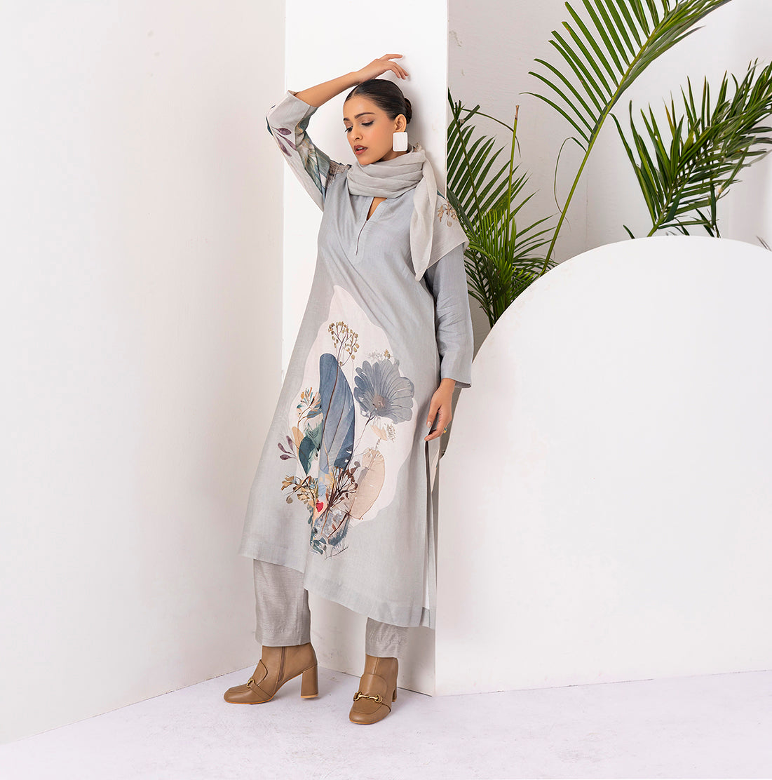 Grey Thin Chanderi Printed Stole  (1 PC)