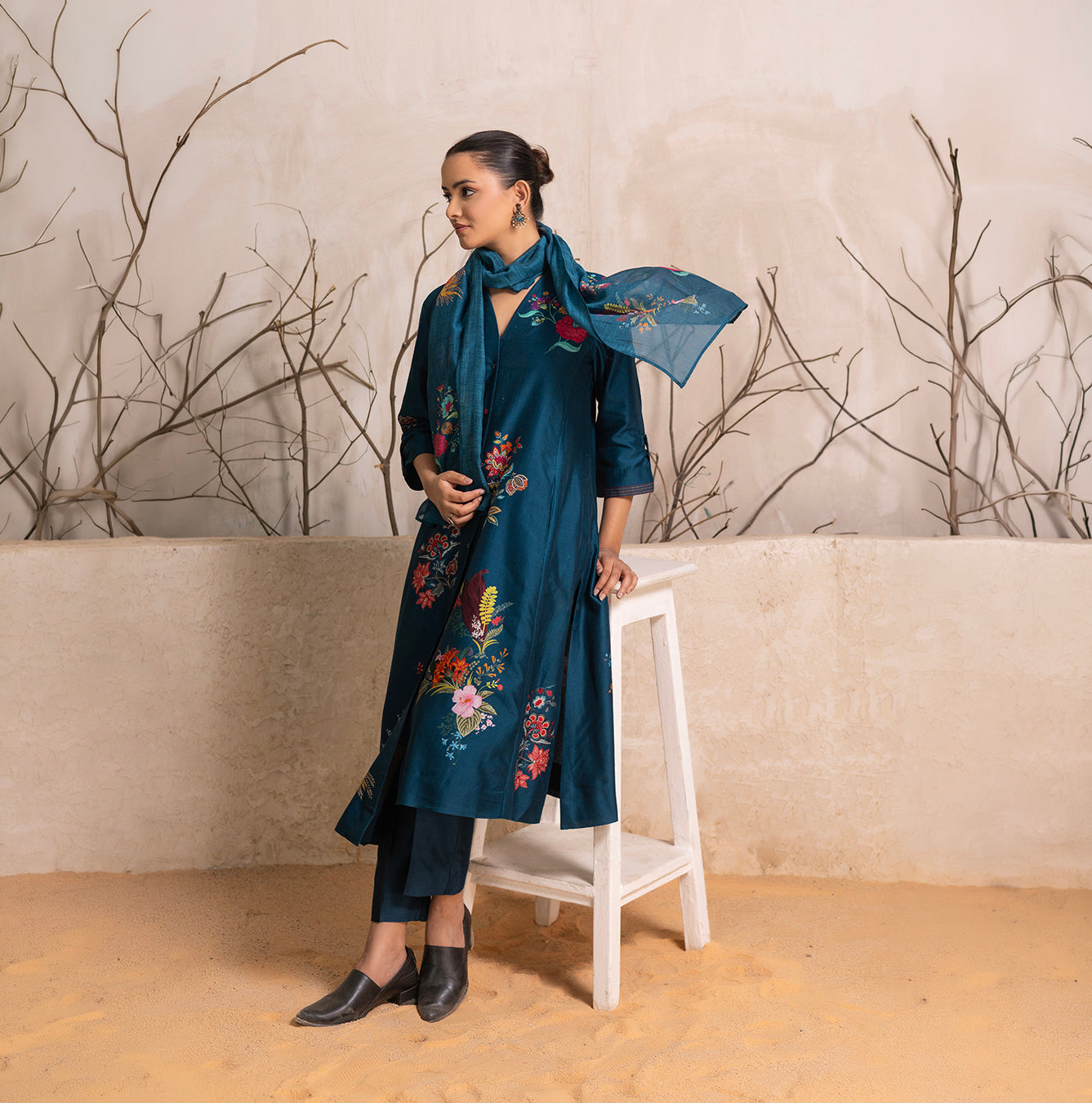 Indigo Silk Chanderi Printed Stole (1 PC)