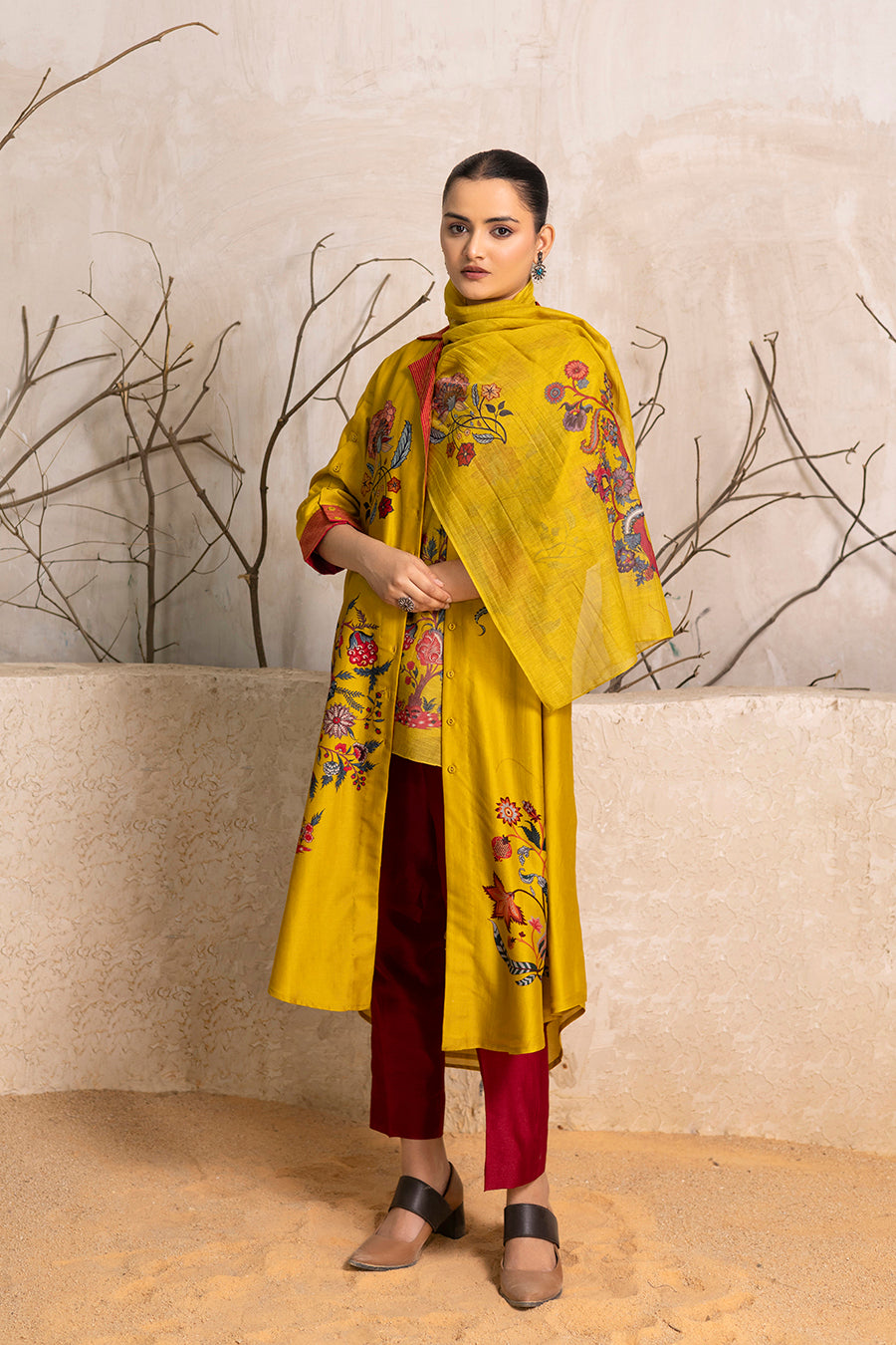 Yellow Silk Chanderi Chintz Printed Stole (1 PC)