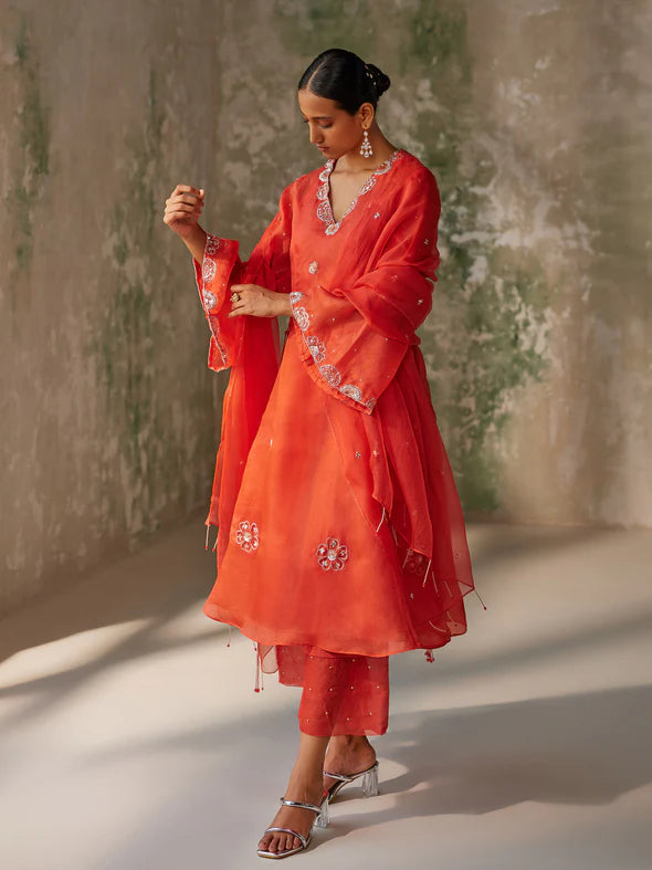 ENIGMA RED SILK ORGANZA KURTA SET