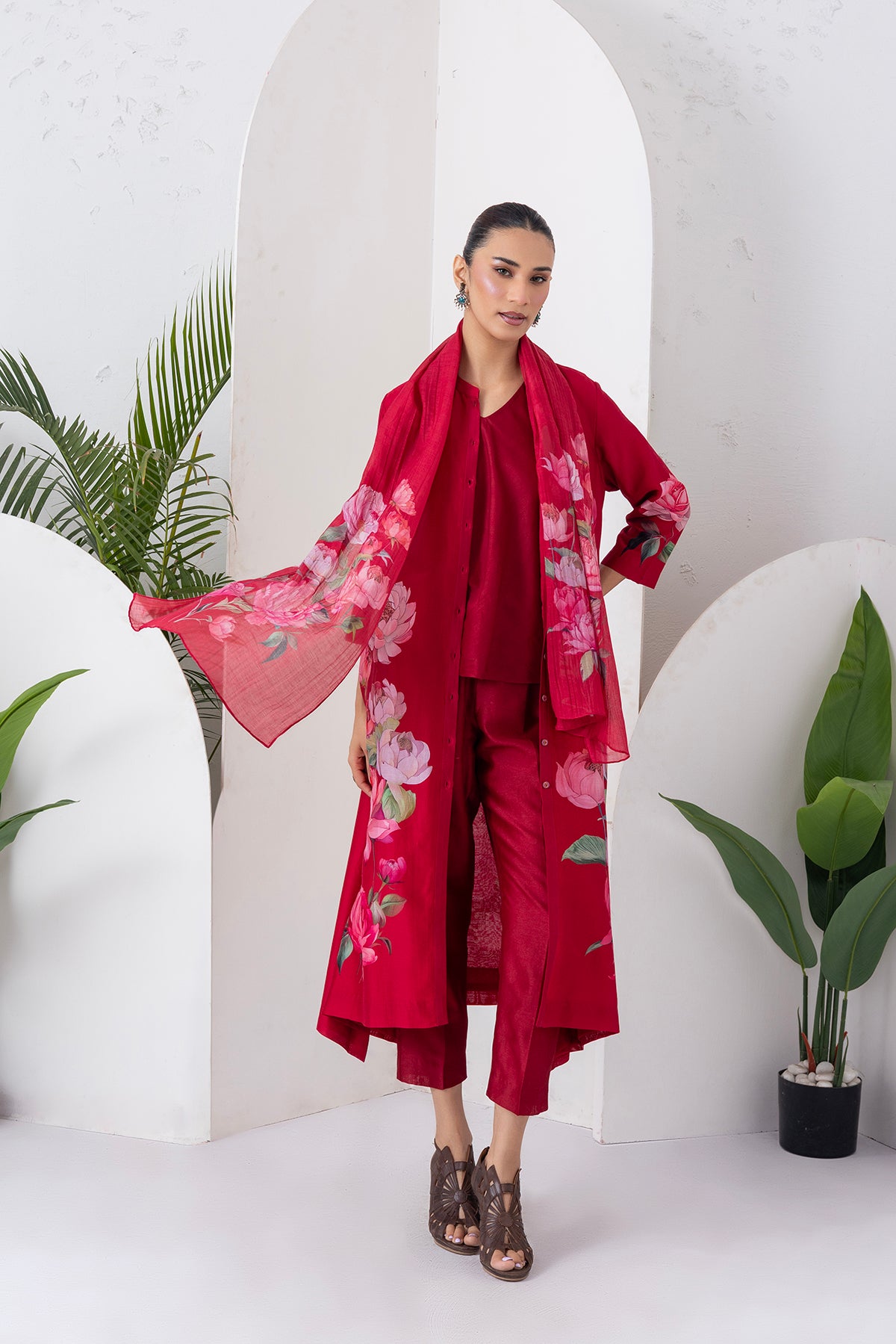 Maroon Silk Chanderi Printed Front Open Dress (1 PC)