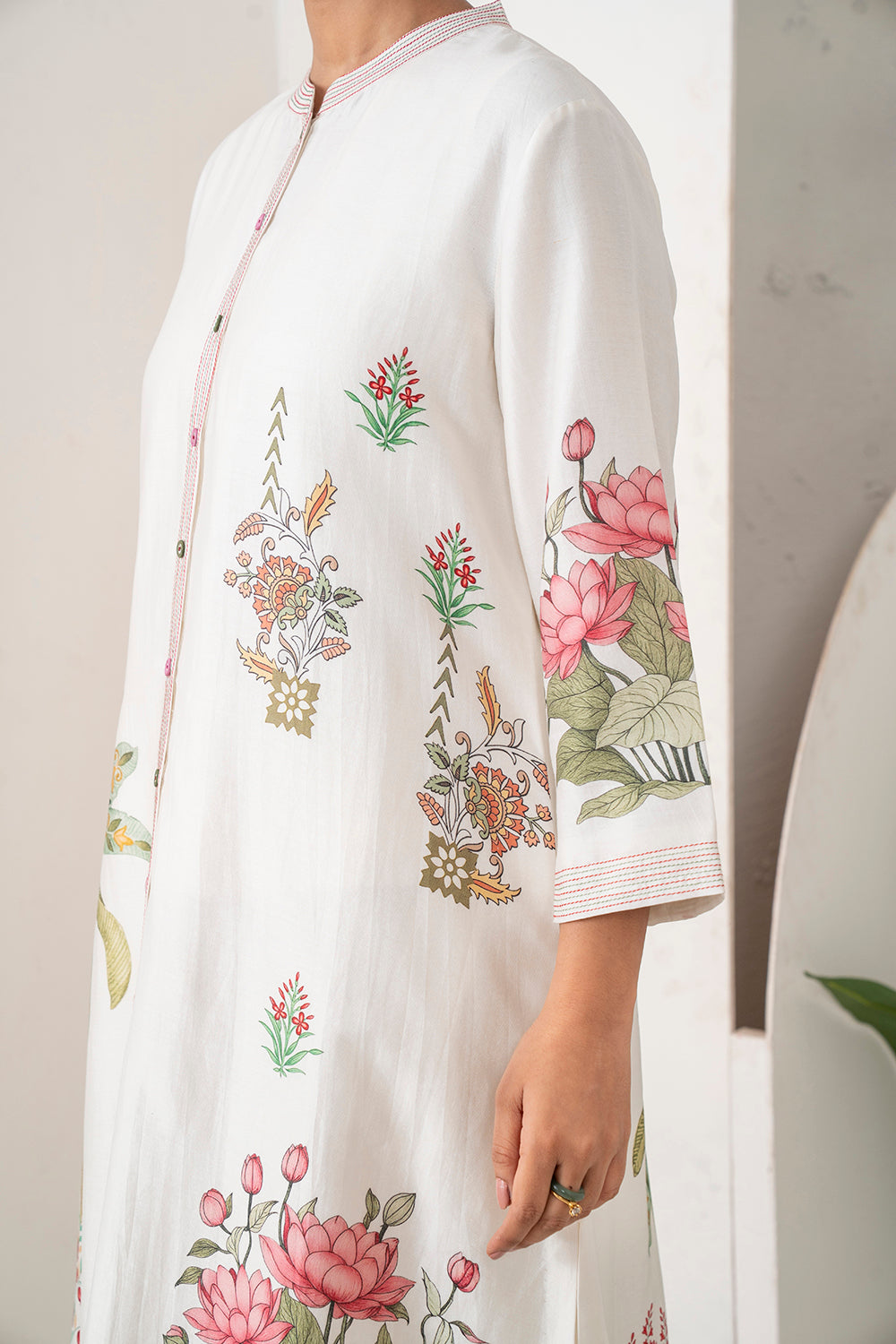 Ivory Silk Chanderi Miniature Art Printed High-Low Dress Set (3 PCS)