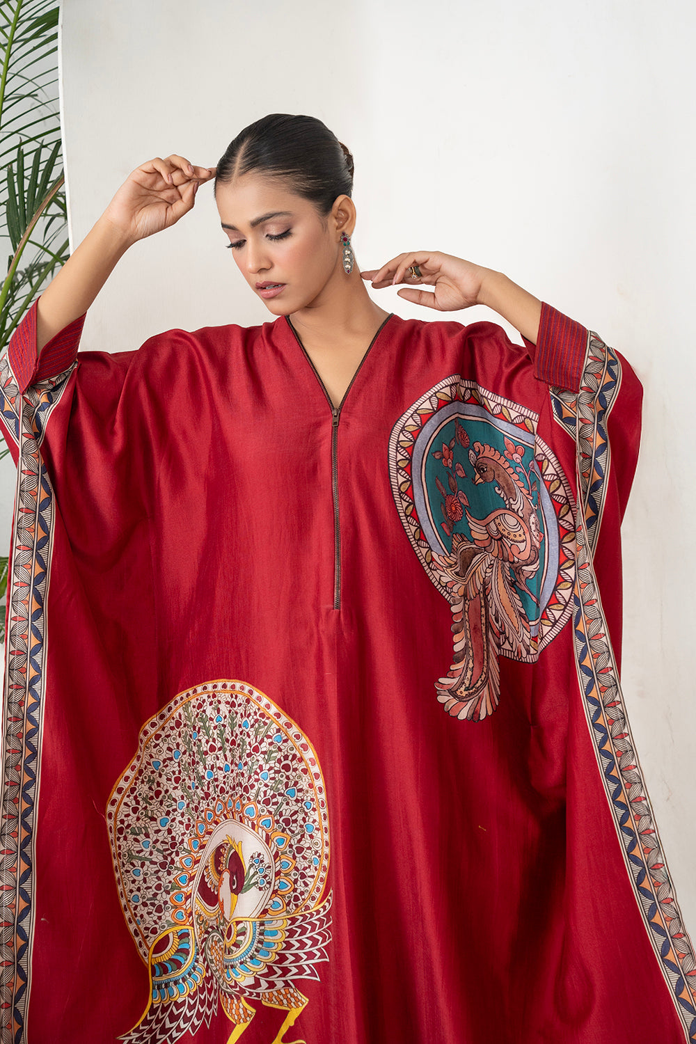 Maroon Silk Chanderi Bold Peacock Printed Zippered Kaftan Set (2 PCS)