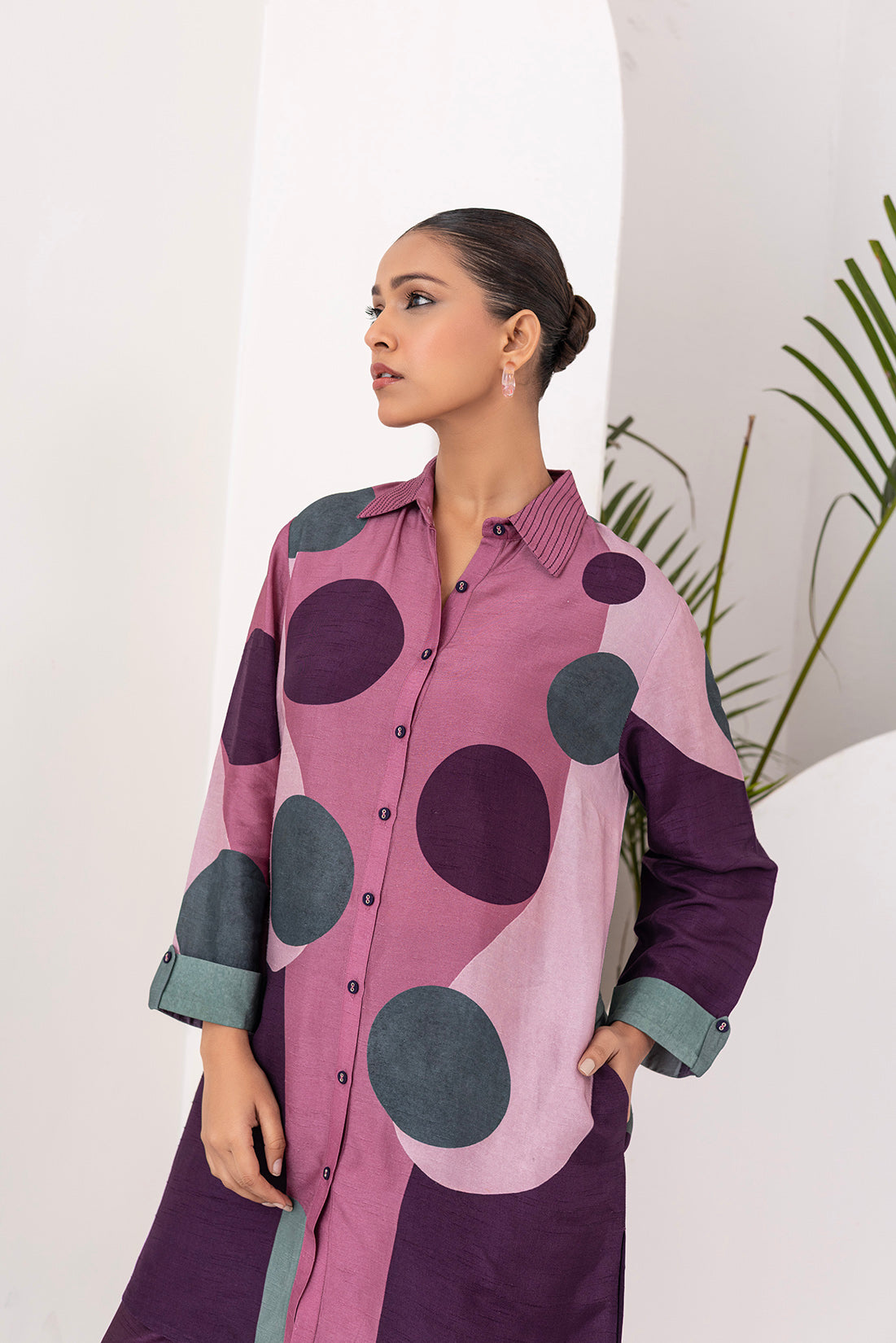 Salmon Pink & Wine Viscose Dupion Printed Shirt Style Tunic  (1 PC)