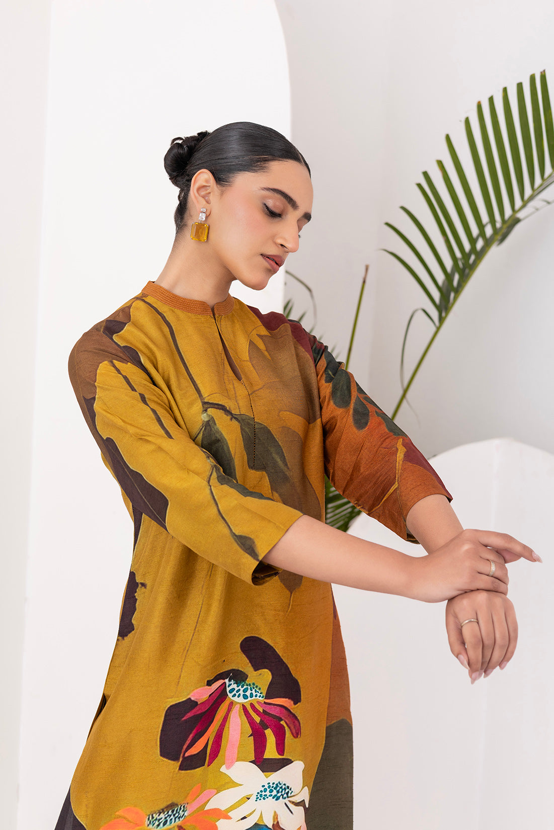 Mustard & Brown Viscose Dupion Printed Tunic  (1 PC)