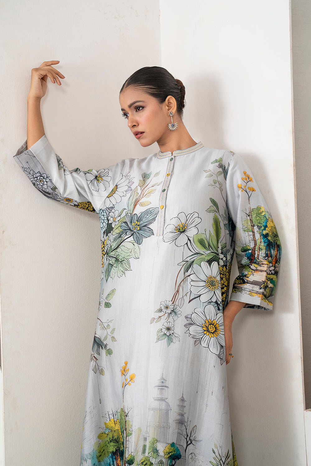 Grey Silk Chanderi Painterly Landscape Printed Tunic Set (2 PCS)