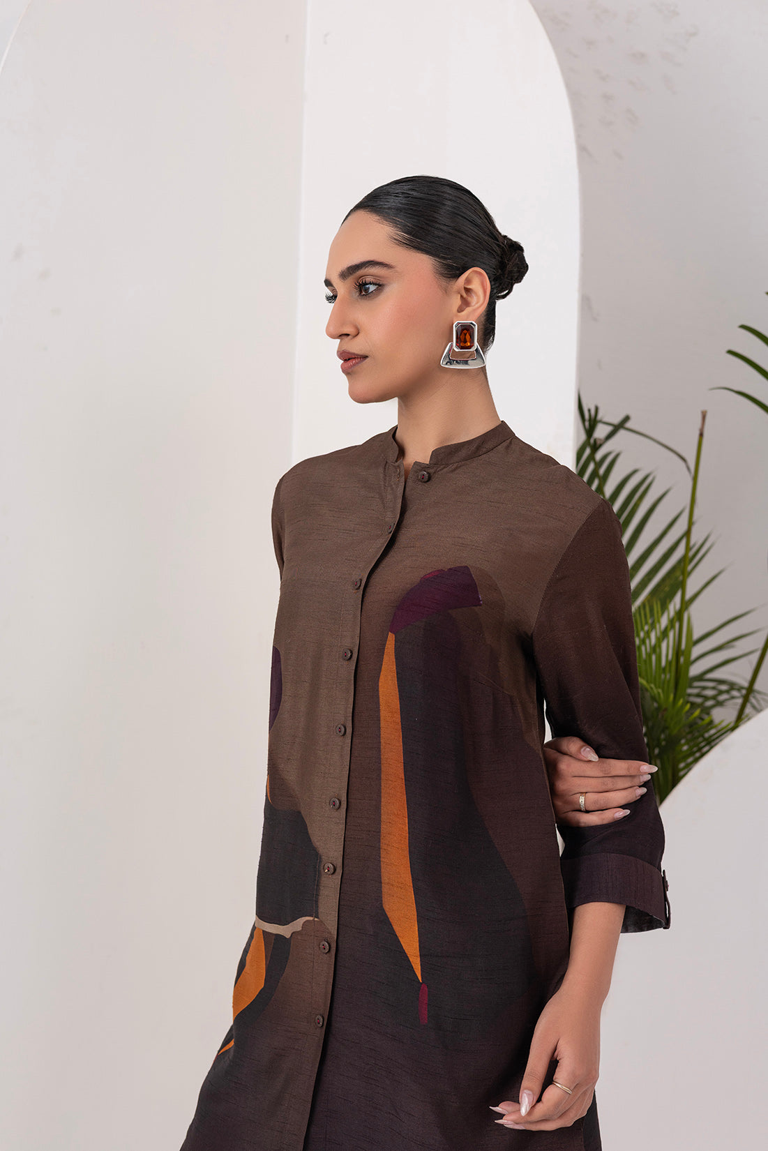 Shades Of Brown Viscose Dupion Printed Shirt Style Tunic  (1 PC)