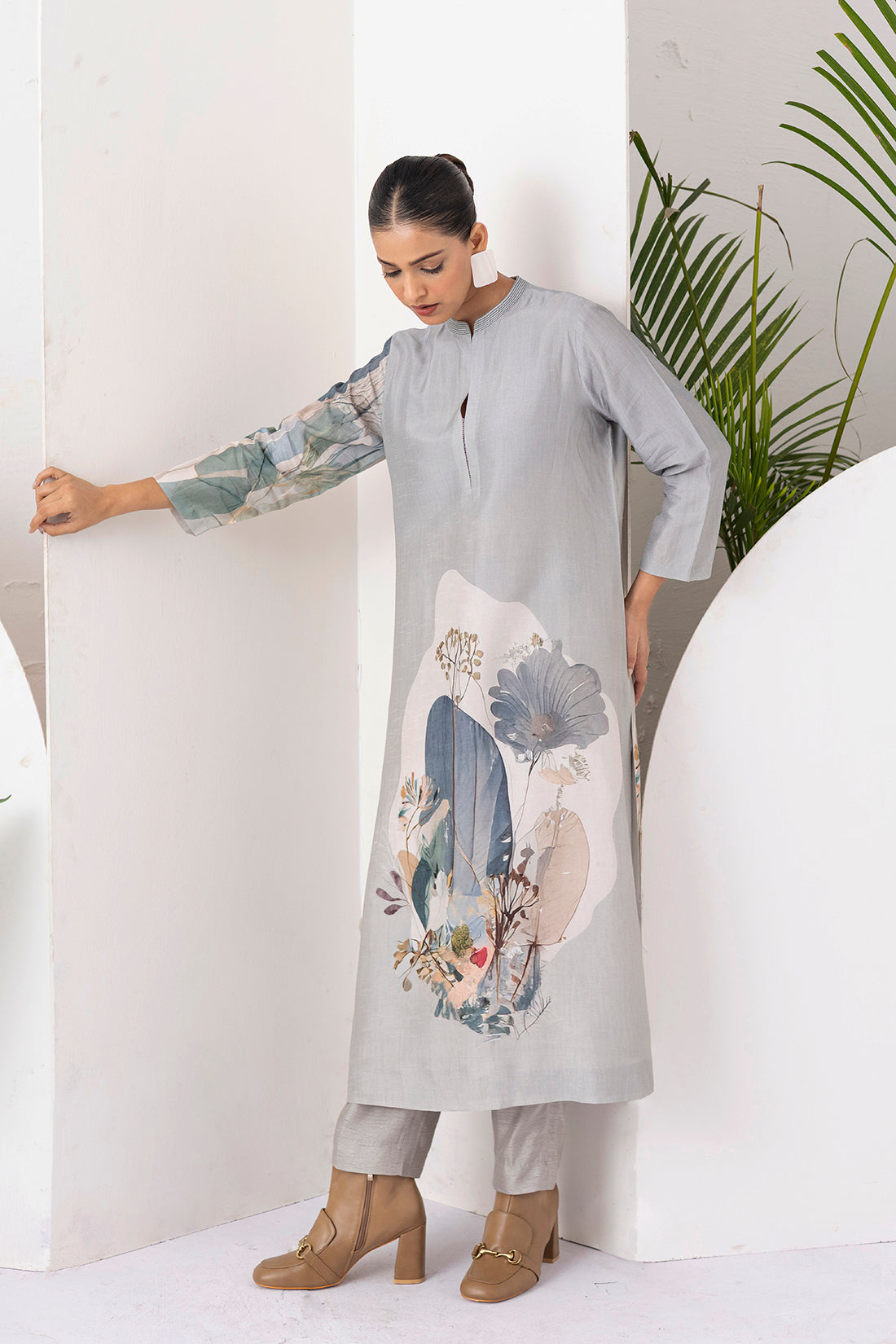 Grey Viscose Dupion Printed Tunic  (1 PC)