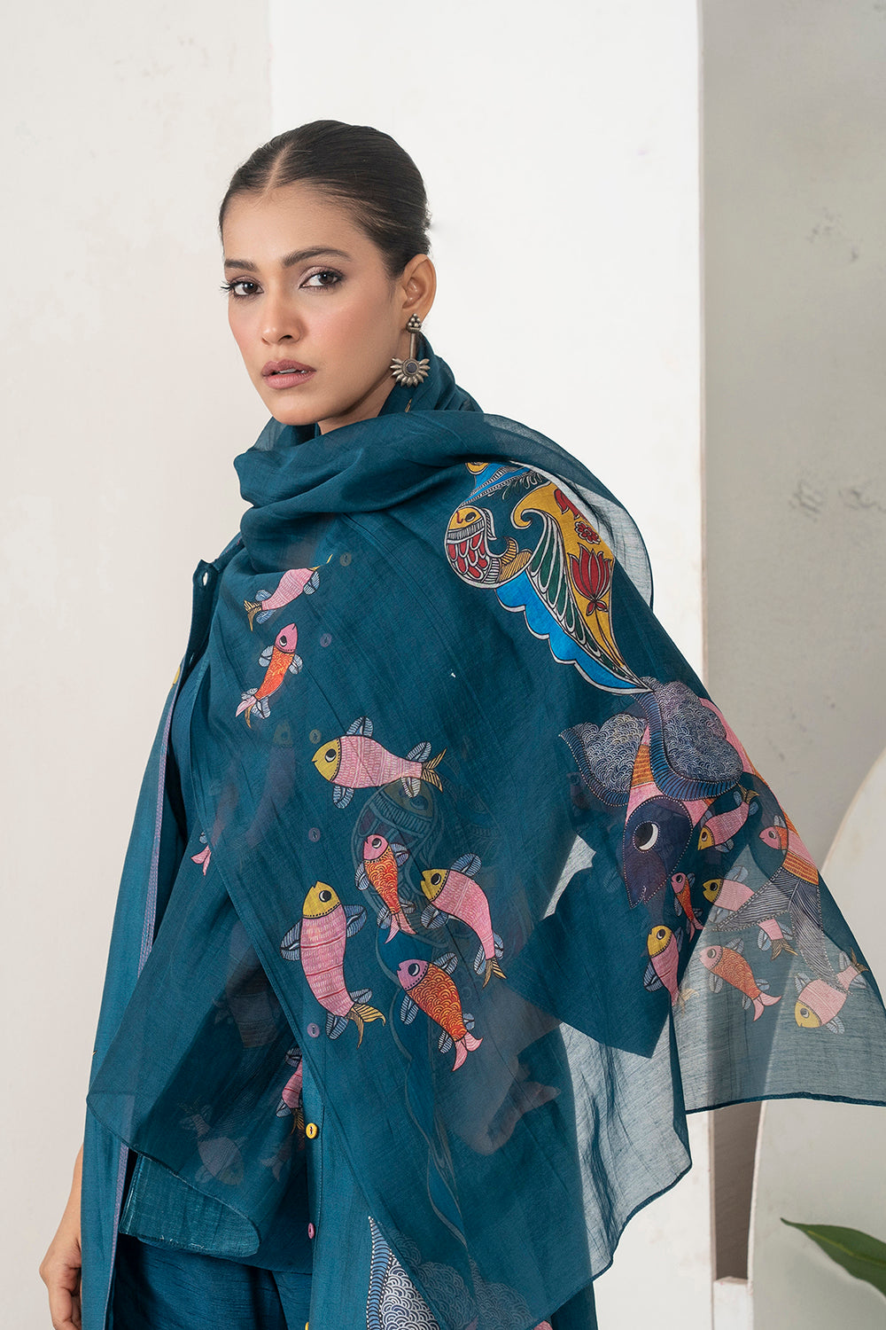 Indigo Silk Chanderi Playful Aquatic Motif Printed Dress Set (3 PCS)