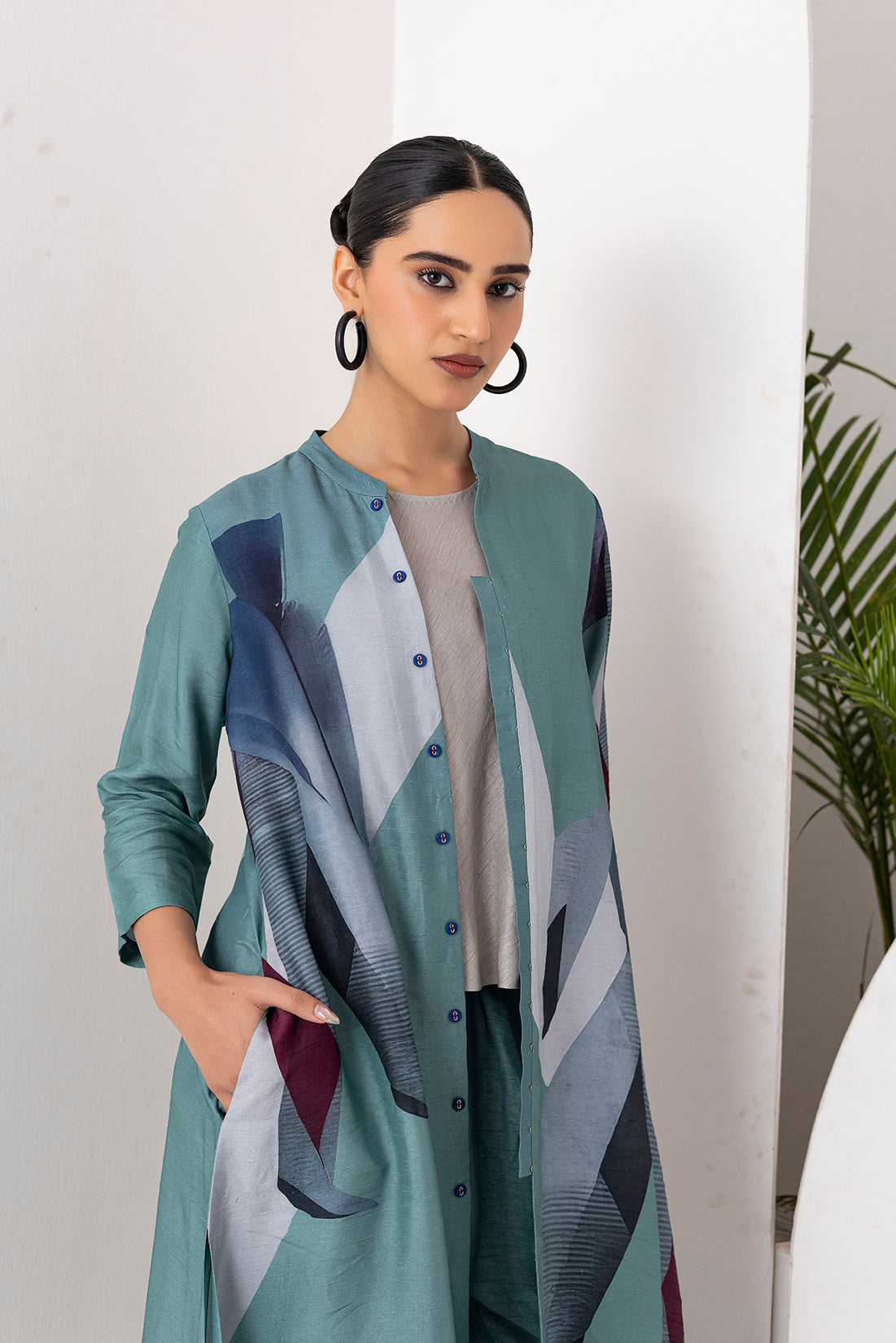 Sage Green Viscose Dupion Printed High-Low Dress  (1 PC)