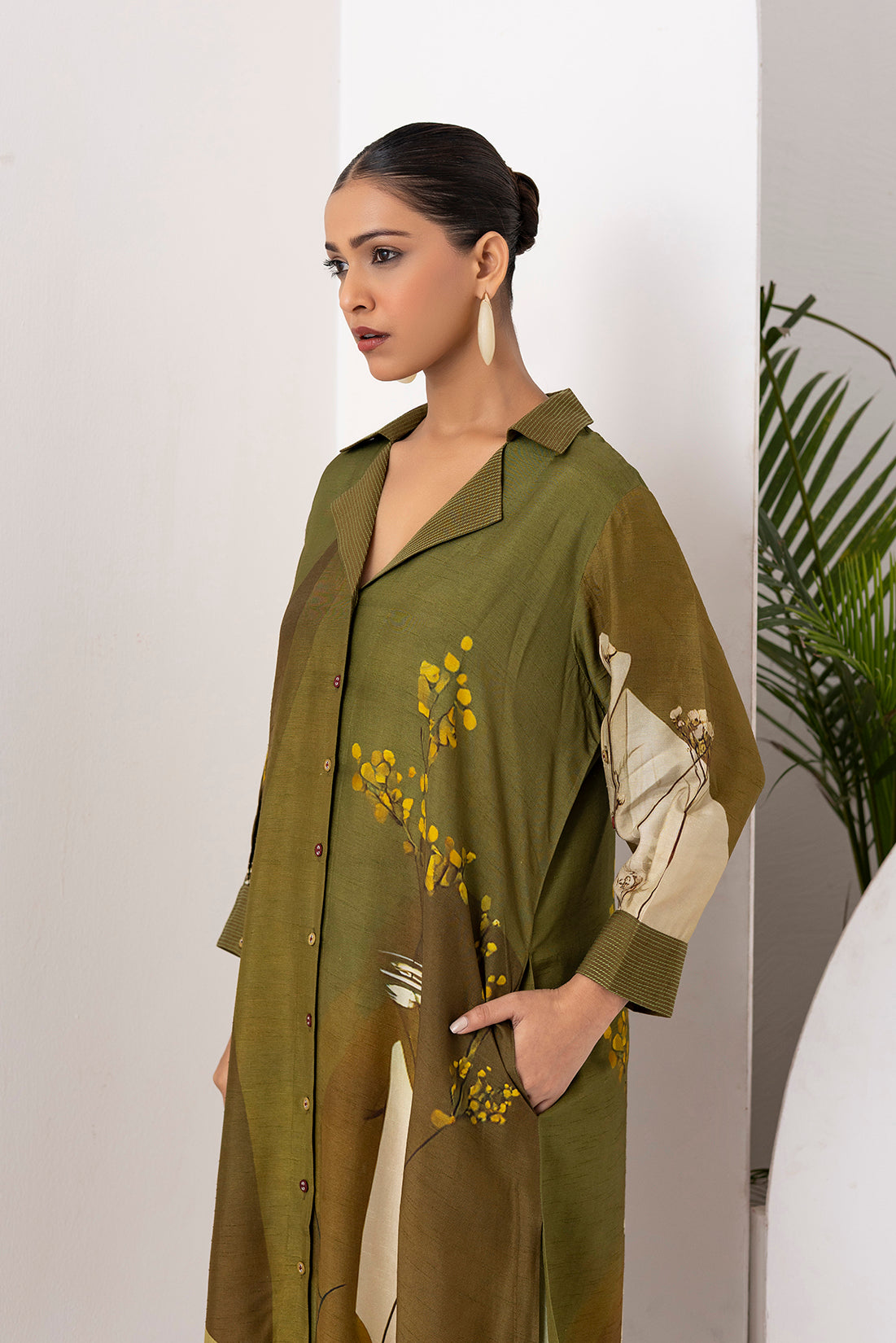 Moss Green Shaded Viscose Dupion Printed Dress  (1 PC)