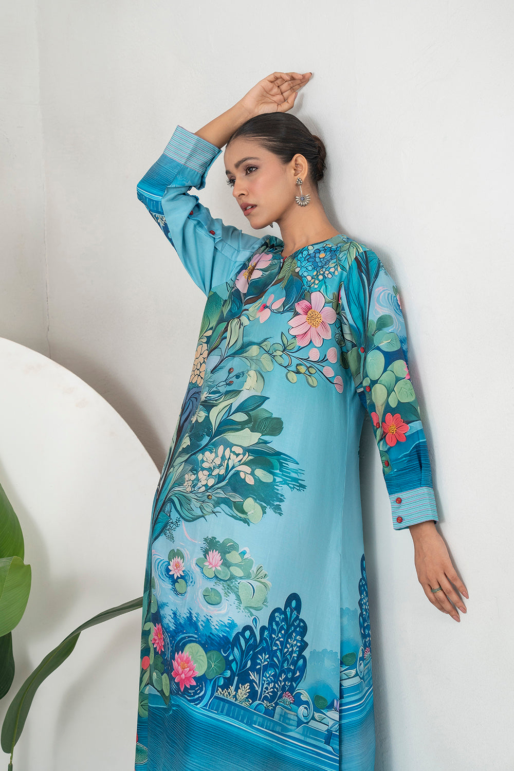 Sky Blue Silk Chanderi Lush Lotus Printed Tunic Set (2 PCS)