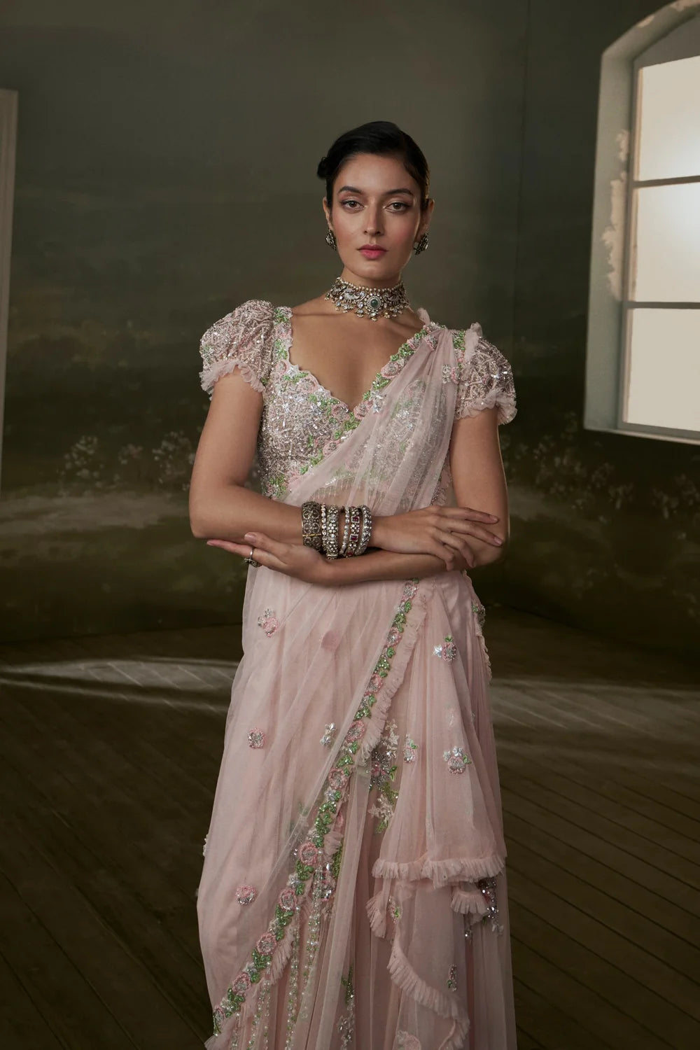 Rose Pink Pre-draped Saree With Trail