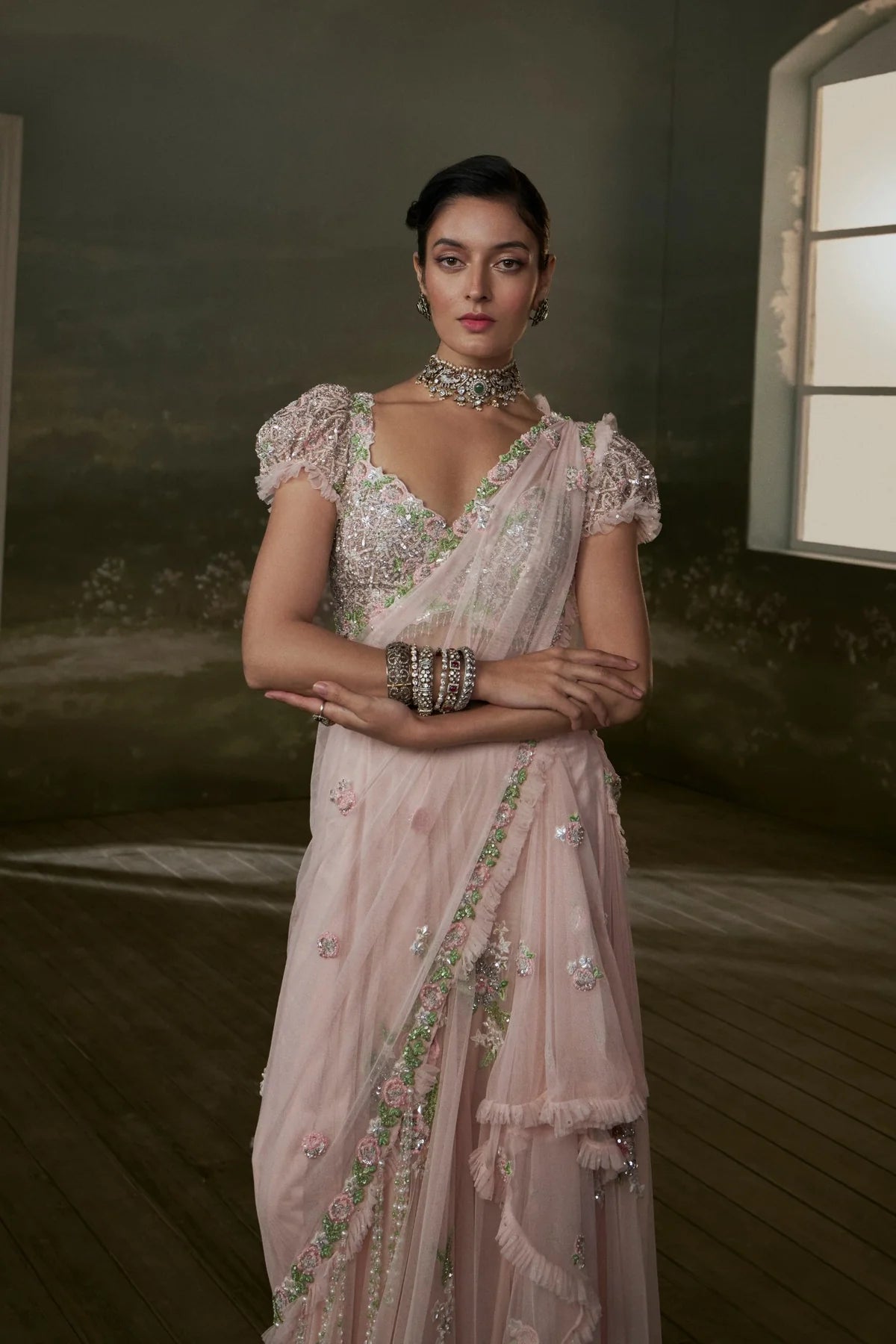 Rose Pink Pre-draped Saree with Trail