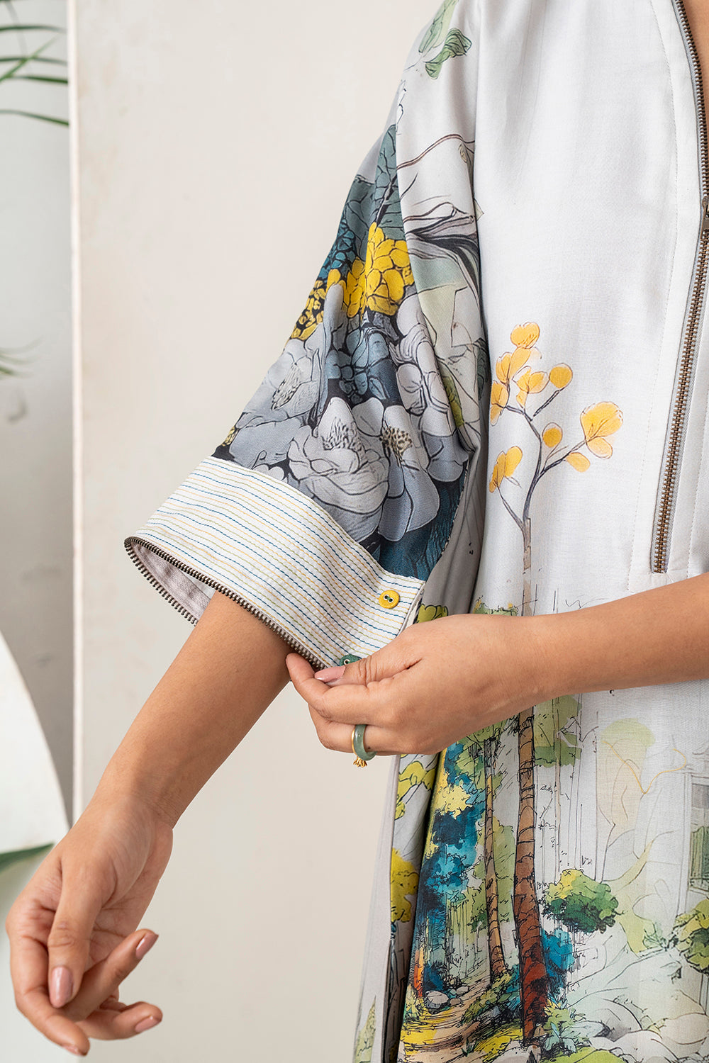Grey Silk Chanderi Painterly Landscape Printed Zippered Dress Set (2 PCS)