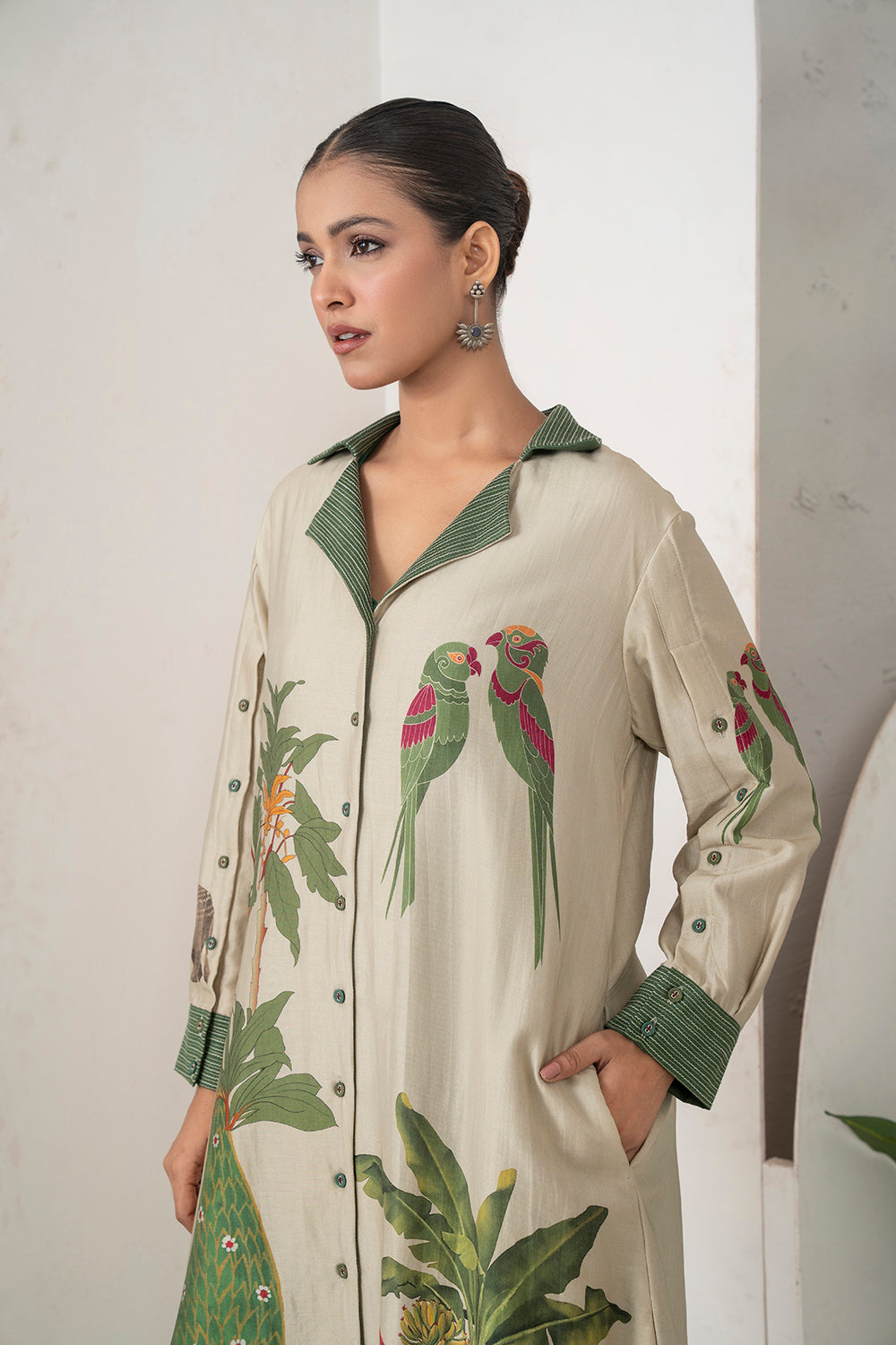 Beige Silk Chanderi Nature-Inspired Printed Dress Set (3 PCS)