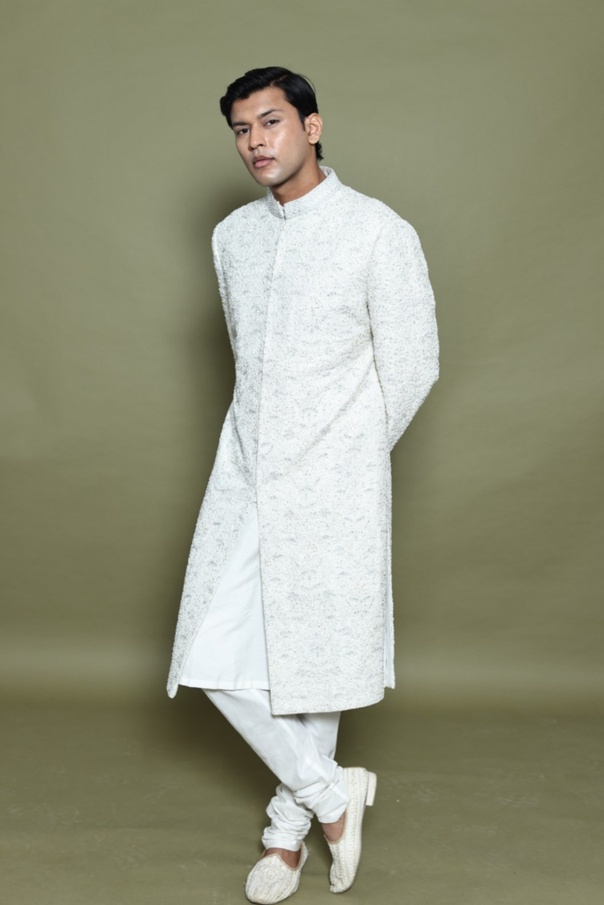 IVORY RAW SILK SHERWANI WITH KURTA & CHURIDAR