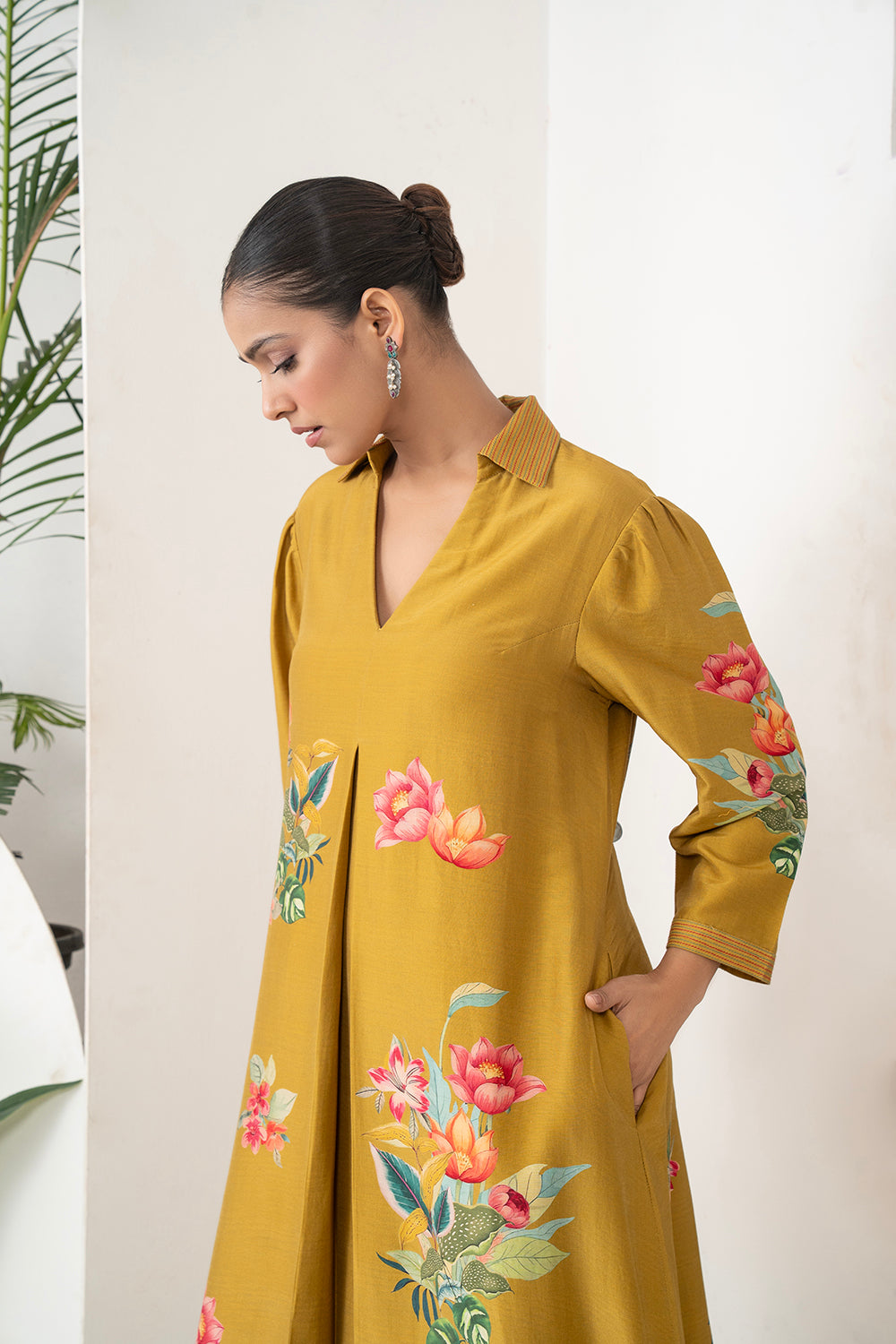 Mustard Silk Chanderi Front Pleat Detailed Colourful Floral Printed Dress Set (2 PCS)