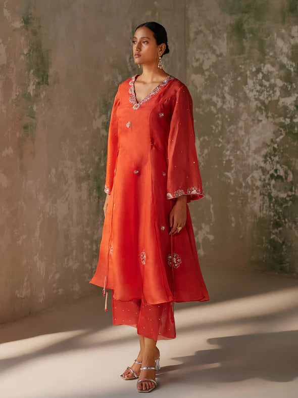 ENIGMA RED SILK ORGANZA KURTA SET