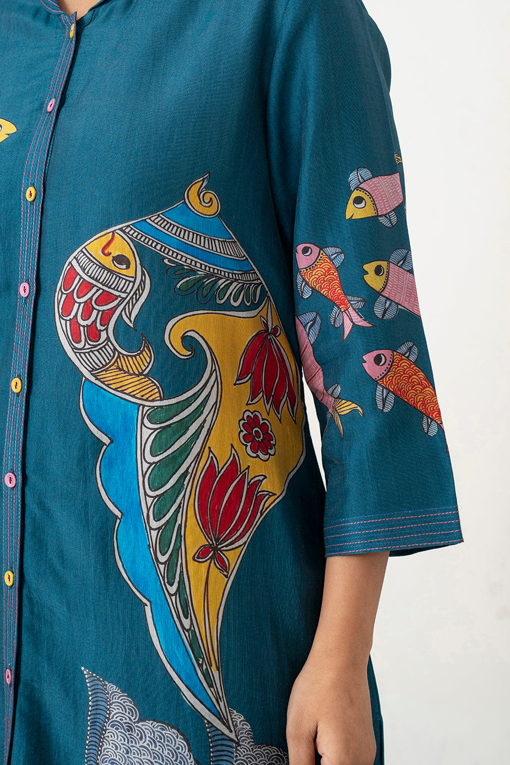Indigo Silk Chanderi Playful Aquatic Motif Printed Dress Set (3 PCS)