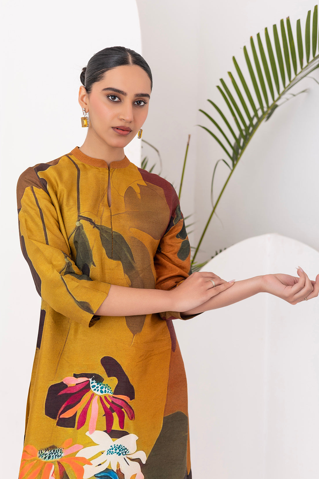 Mustard & Brown Viscose Dupion Printed Tunic  (1 PC)