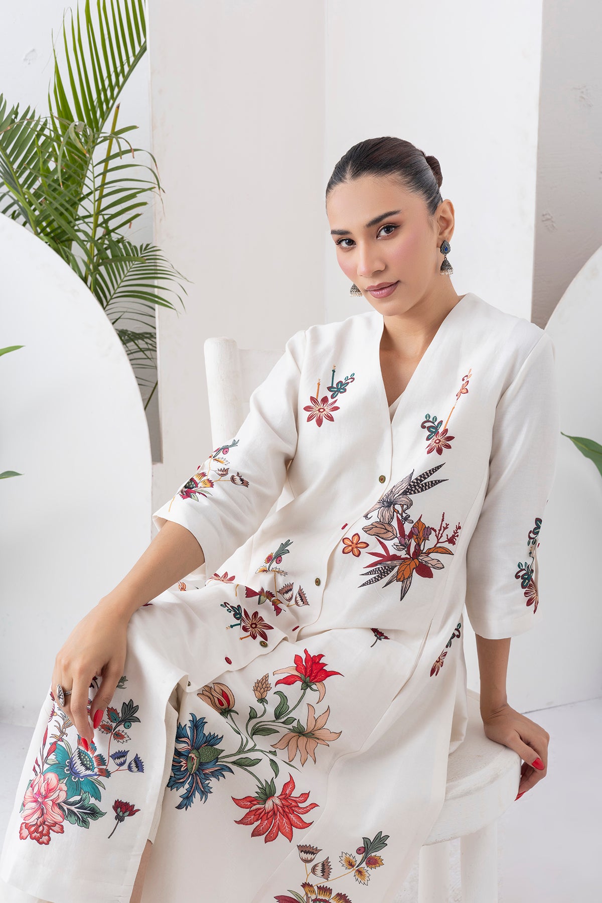 Ivory Silk Chanderi Printed High-Low Dress (1 PC)