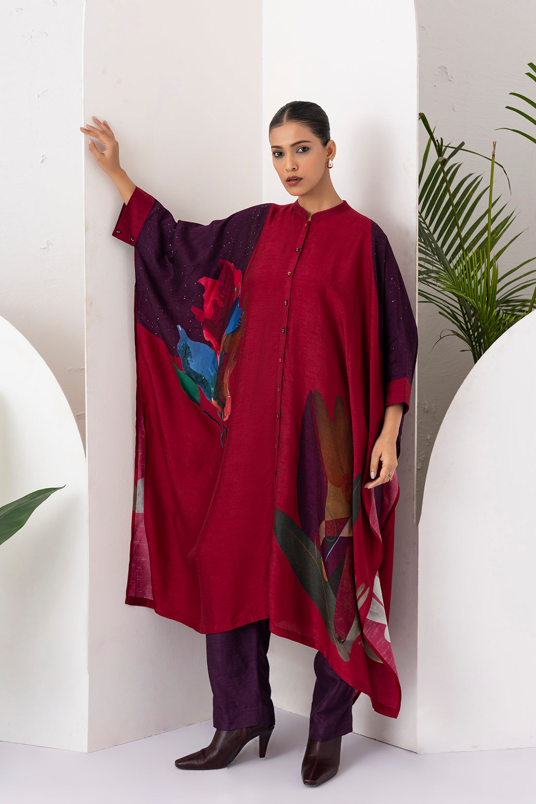 Red Viscose Dupion Printed Kaftaan Style Dress  (1 PC)