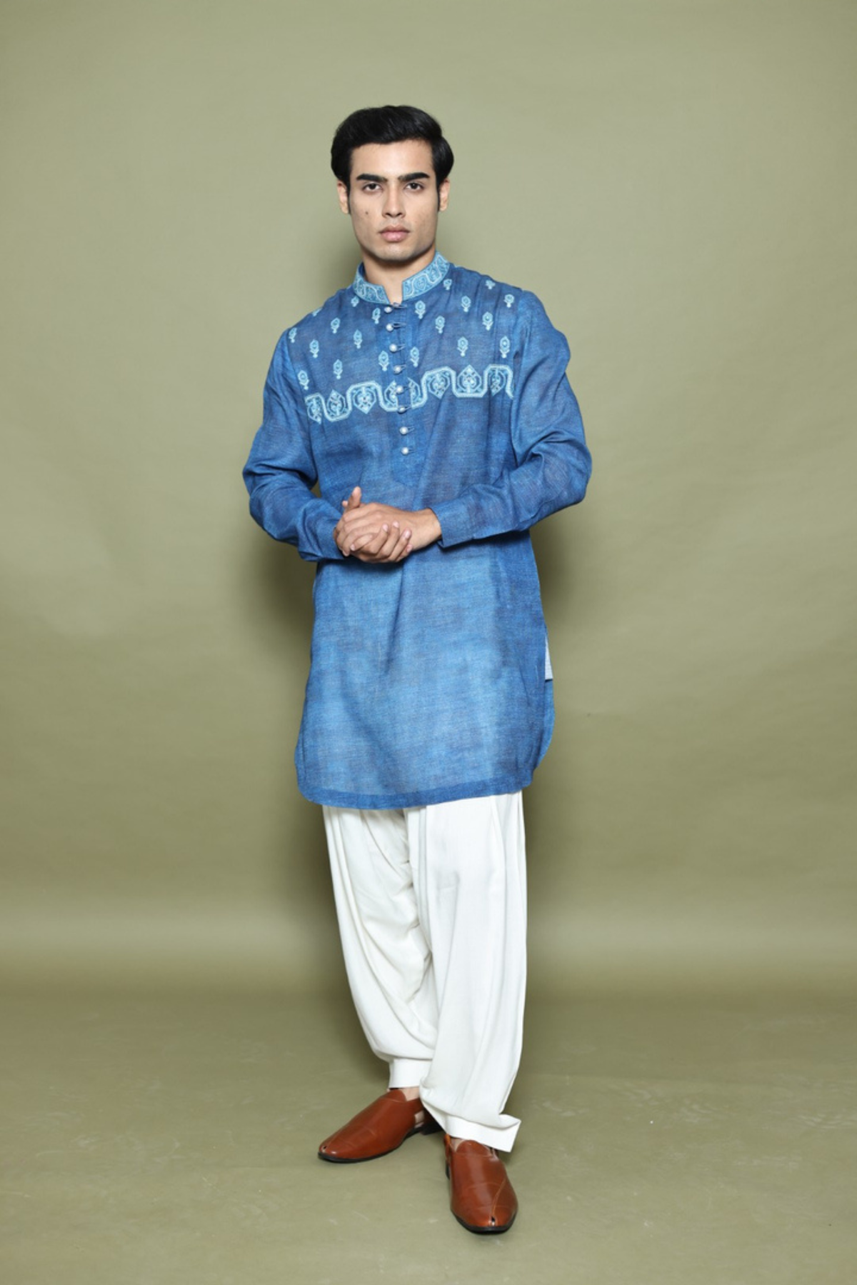 INDIGO PRINTED LINEN KURTA WITH SALWAR