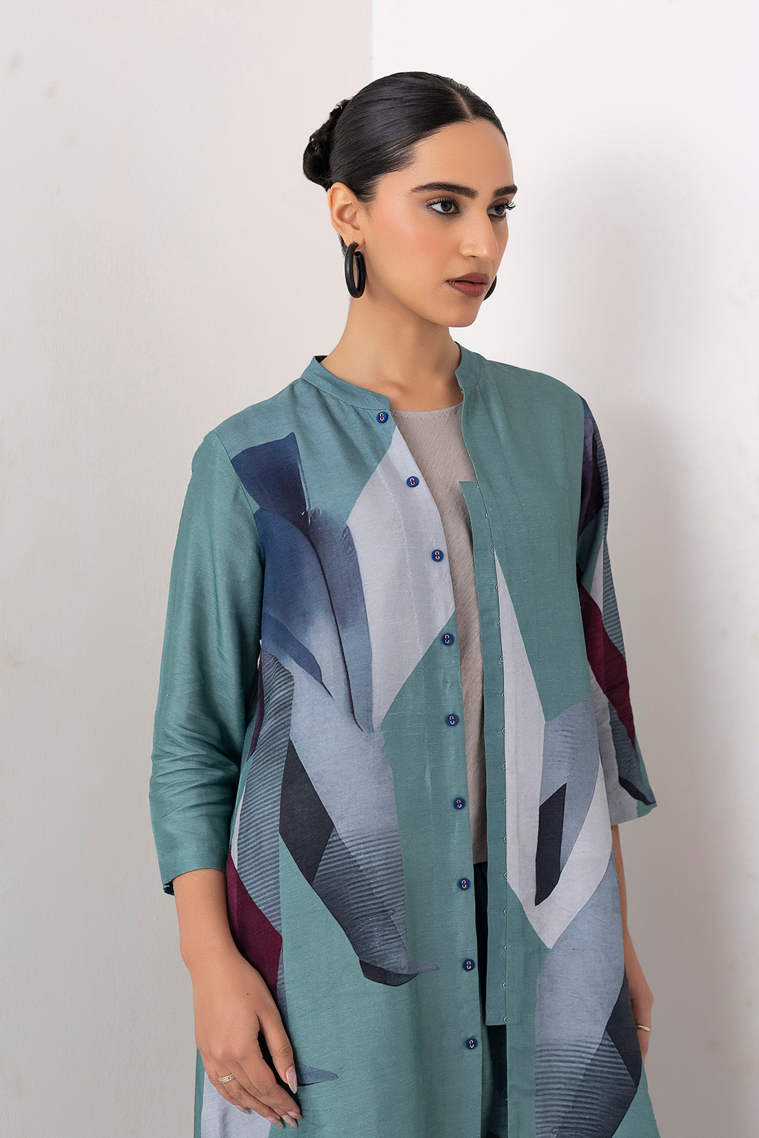 Sage Green Viscose Dupion Printed High-Low Dress  (1 PC)