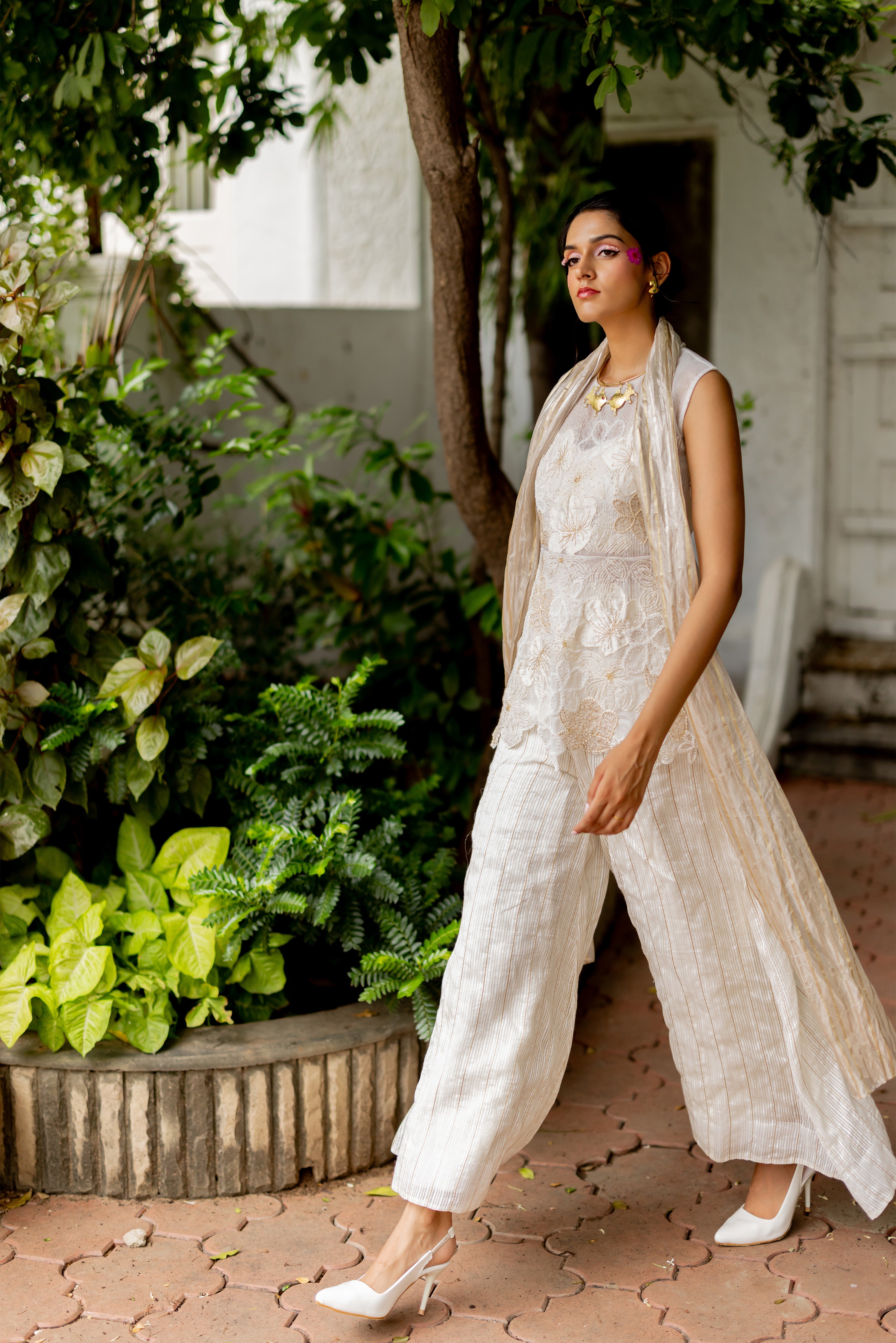 "IVORY OVERLAY WITH BUSTIER STRIPE PANTS AND DUPATTA (gouri)"
