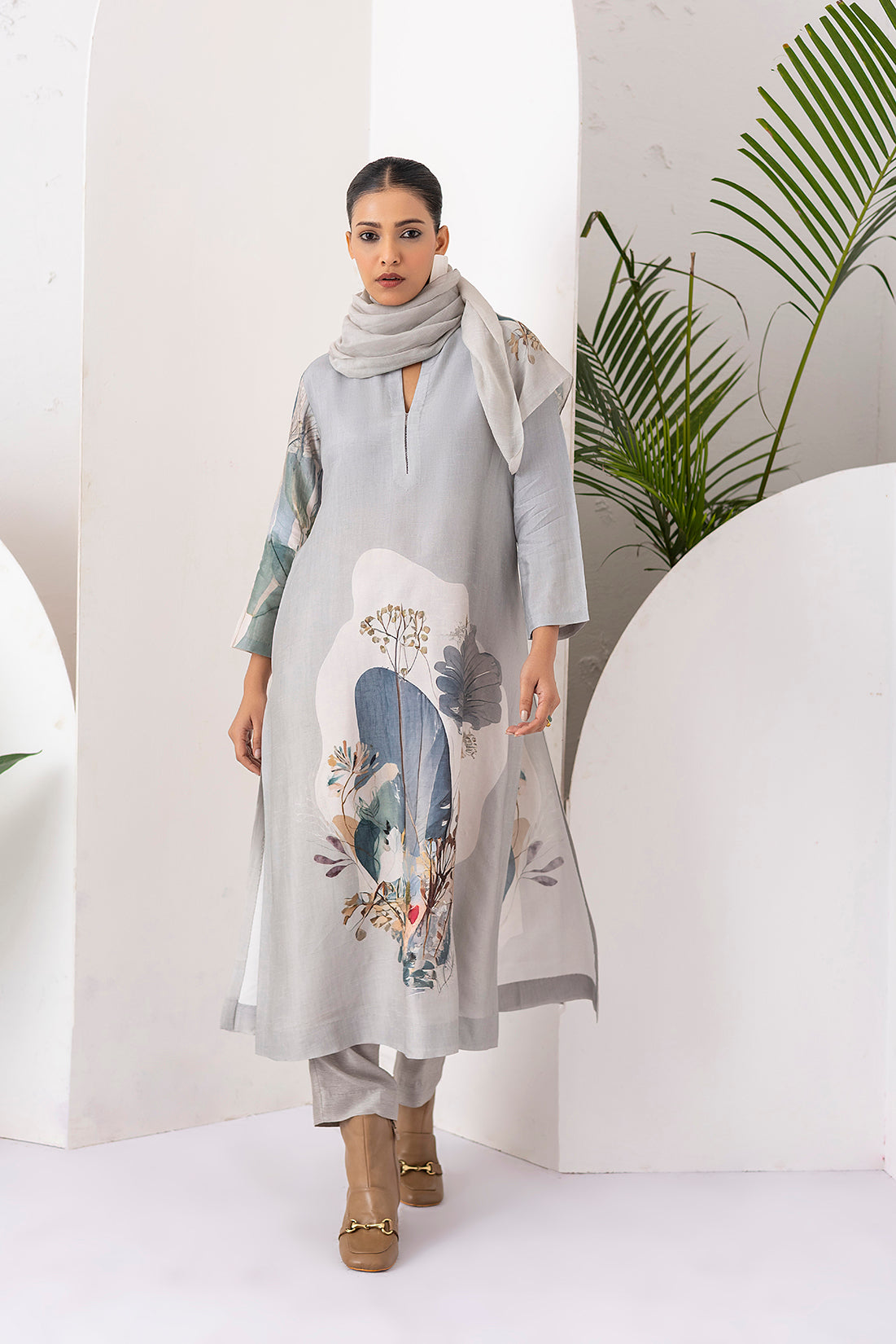 Grey Thin Chanderi Printed Stole  (1 PC)