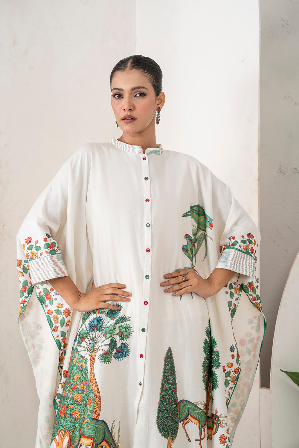 Ivory Silk Chanderi Folk Tale Printed Kaftan Set (3 PCS)